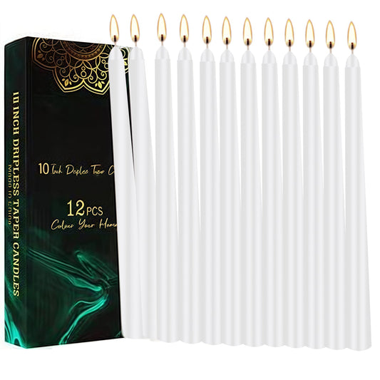 10-Inch White Taper Candles 12 Pack, Unscented Smokeless Dripless Candlesticks, 7-8 Hours Long Burning for Home Decor, Dinner, Church & Emergency Use, Weddings & Everyday Use (12, White)