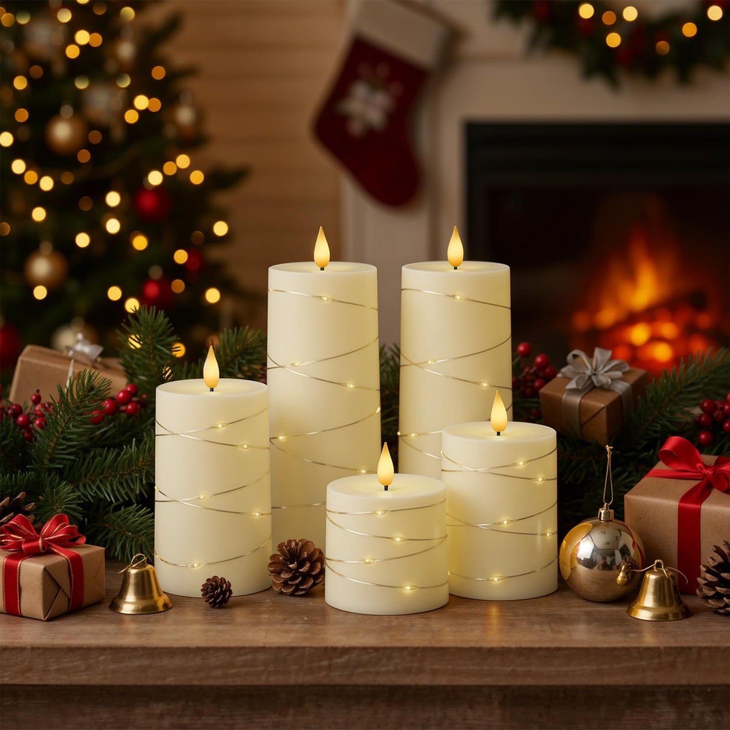 Raycare Flameless Candles with Remote Timer, Flickering Battery Operated LED Pillar Fake Candle with String Lights for Home Decor, Christmas, Wedding and Gift, Ivory, Set of 5