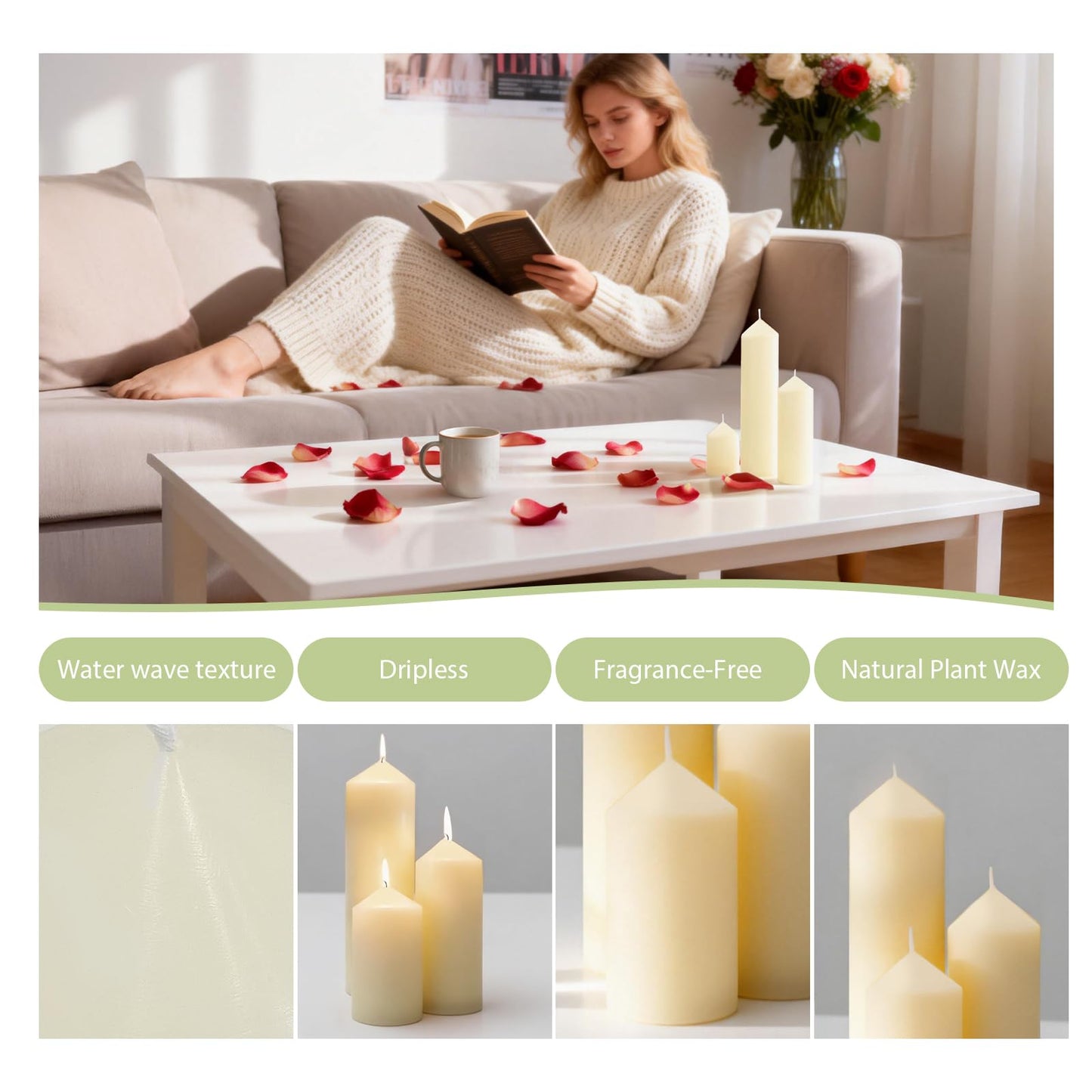 Veiuwa 6 Pcs Ivory Pillar Candles Bulk Set，2x3 2x6 2x8 Inch - 2 Each Size，Hurricane Candles，Dripless Unscented Smokeless，Gives You a Better Atmosphere When Organizing Wedding or Event Party.