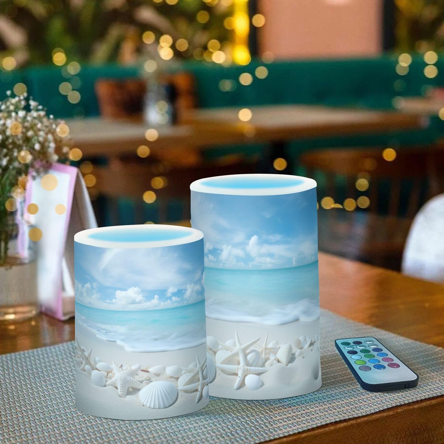 BOENLE Flickering Flameless Candles, Starfishes Seashells Beach Blue Sky LED Candles with Remote Timer, Set of 2 Battery Operated Candle for Valentine Wedding Birthday
