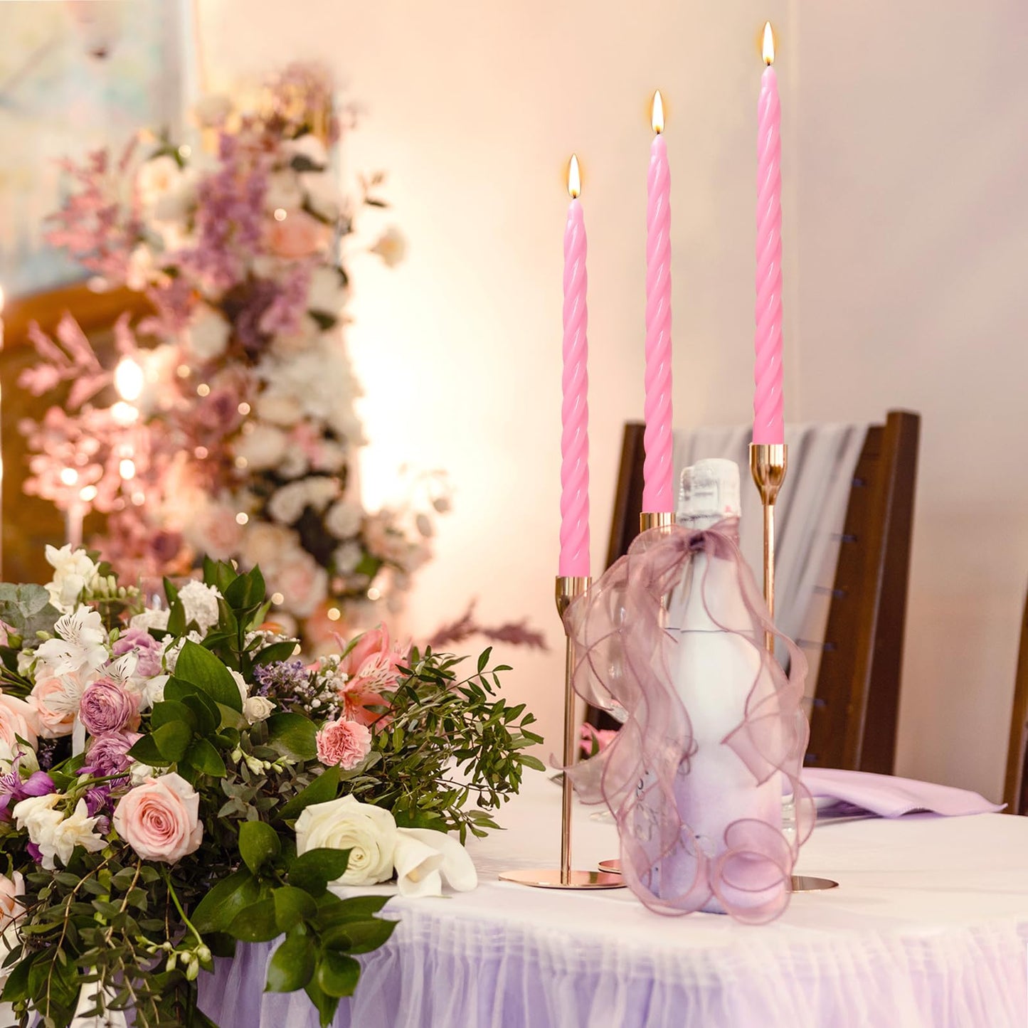 10 Inch Pink Twisted Spiral Taper Candles Set for Holiday Decor, 12 Pack Unscented Candlesticks, Dripelss Tapered Candles for Wedding Dinner Holiday