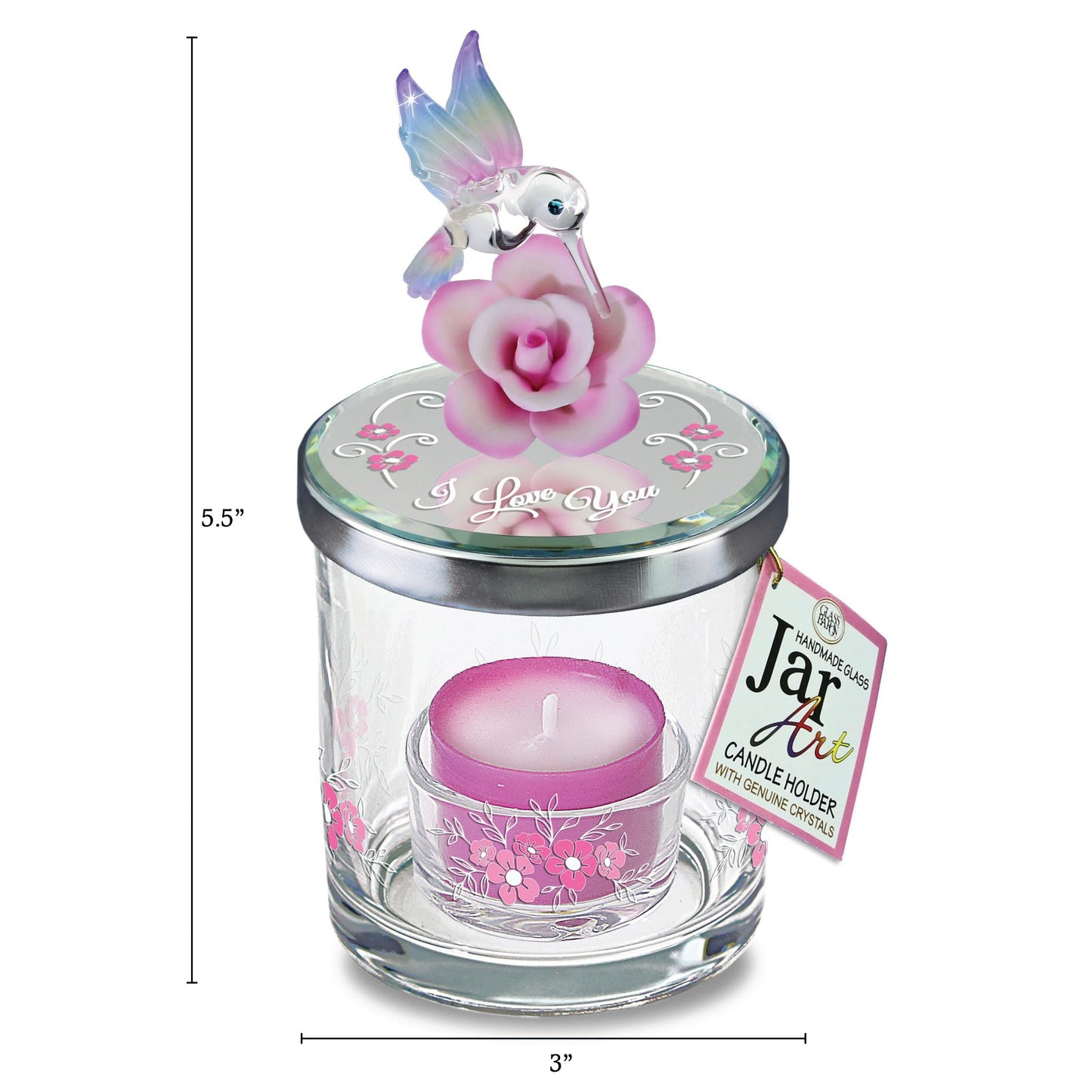 Glass Baron Candle Holder Jar, Blown Glass Hummingbird Lid with Airbrushed Porcelain Flower & Austrian Crystal Accents, 5.5 x 3 inches