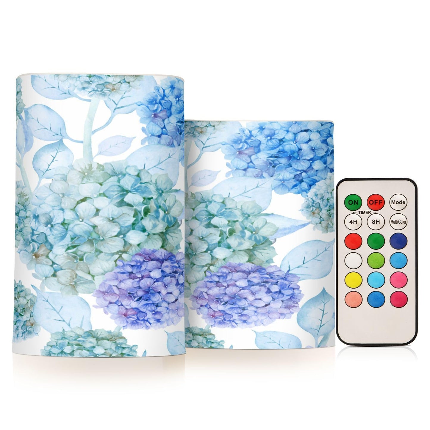 ALAZA Blue Purple Teal Green Hydrangea Flowers Flickering Flameless Candles Battery Operated with Remote Timer,Tea Light Candles LED Pillar Votive Candles Set of 2 for Outdoor Indoor Decorations