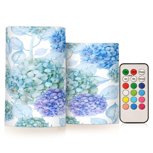 ALAZA Blue Purple Teal Green Hydrangea Flowers Flickering Flameless Candles Battery Operated with Remote Timer,Tea Light Candles LED Pillar Votive Candles Set of 2 for Outdoor Indoor Decorations
