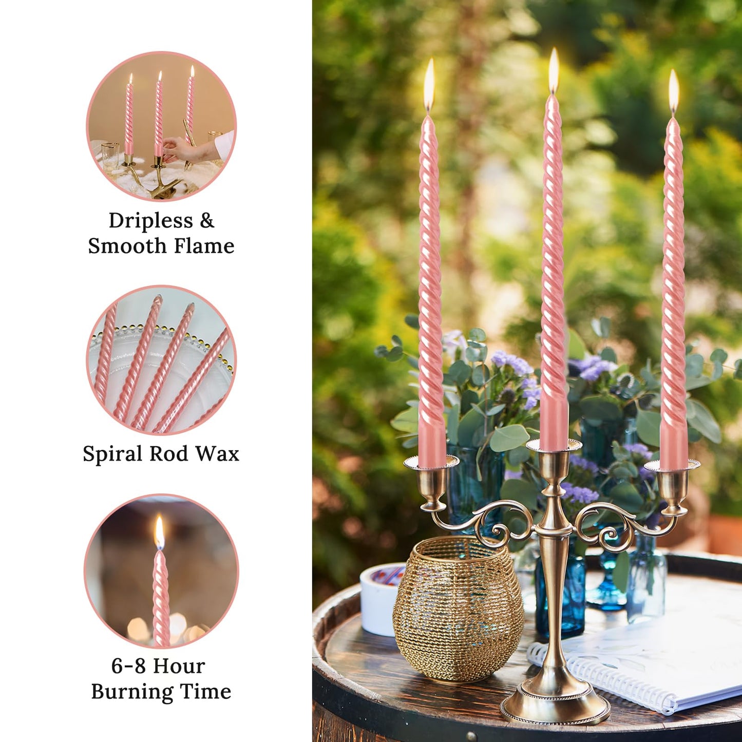 10 Inch Metallic Pink Spiral Taper Candles Set for Holiday Decor, 12 Pack Unscented Twisted Candlesticks, Dripelss Thin Tapered Candles for Wedding Dinner Holiday