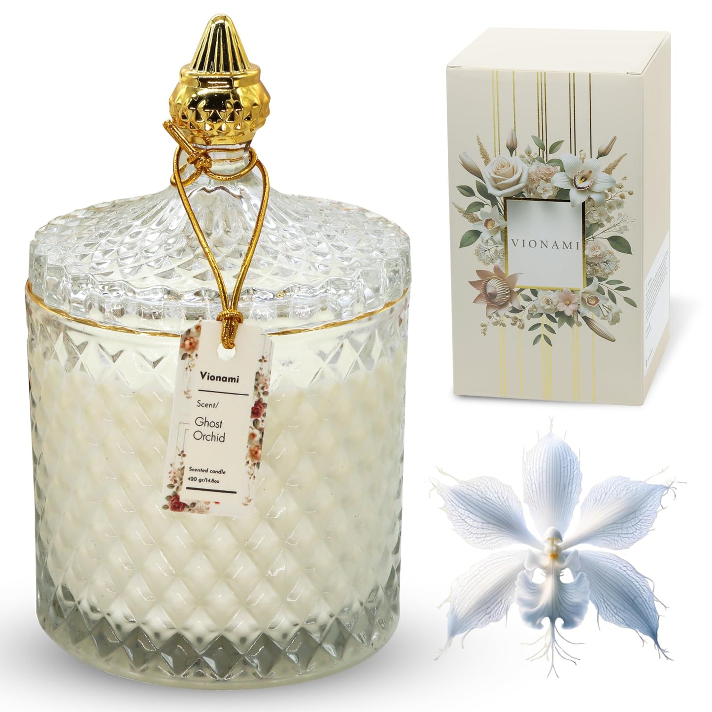 VIONAMI Luxury Scented Candle Gift, Ghost Orchid Rare Flower Fragrance Soy Candle in Glass Jar, 14.8oz, 80Hr Burn, Scented Candles for Women, Birthday Gift for Her, Luxury Candles for Women