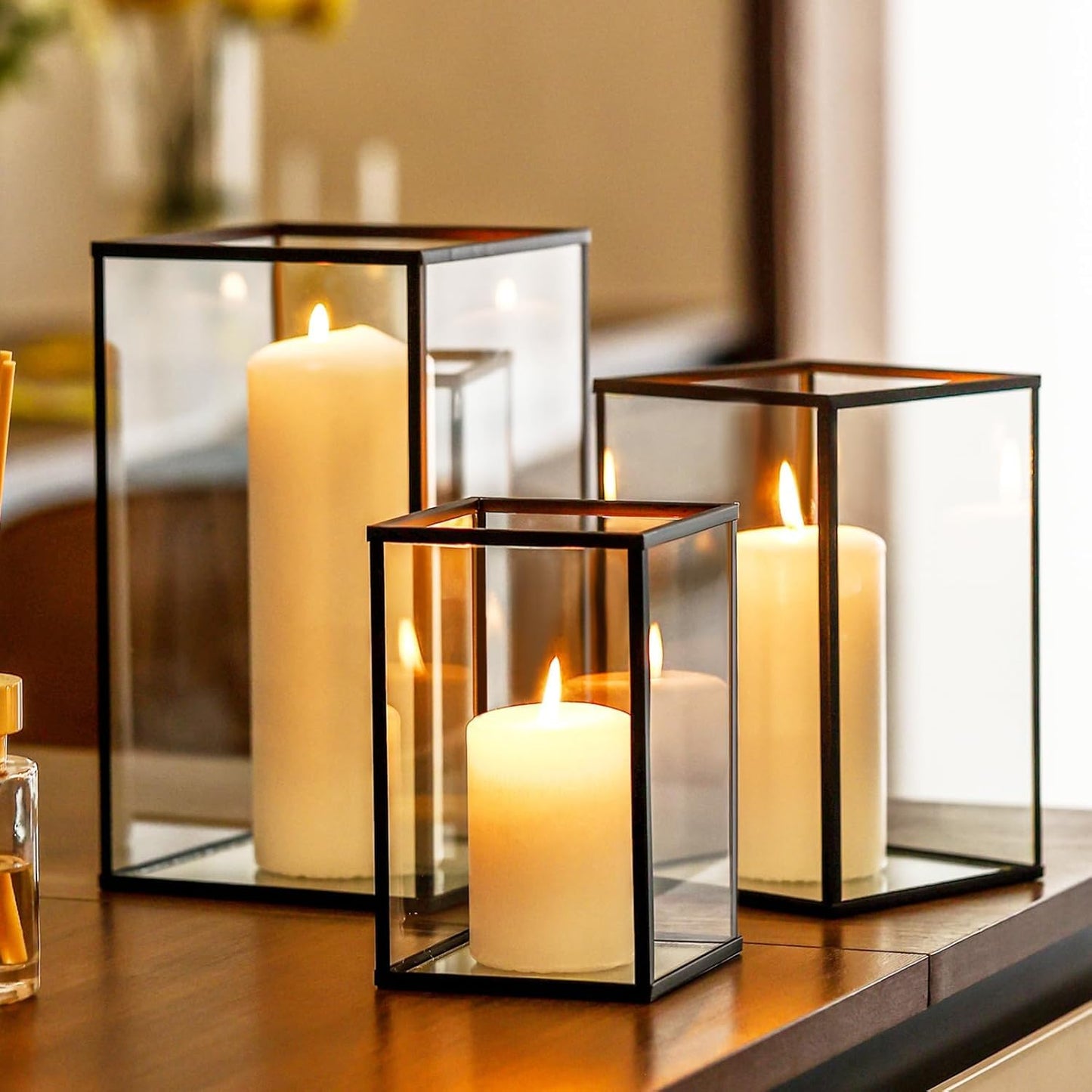 PHOSPHOR Hurricane Glass Candle Holder Set of 3 Pieces Black Hurricane Candleholders for Wedding Party Holiday Birthday Home Decor Lanter
