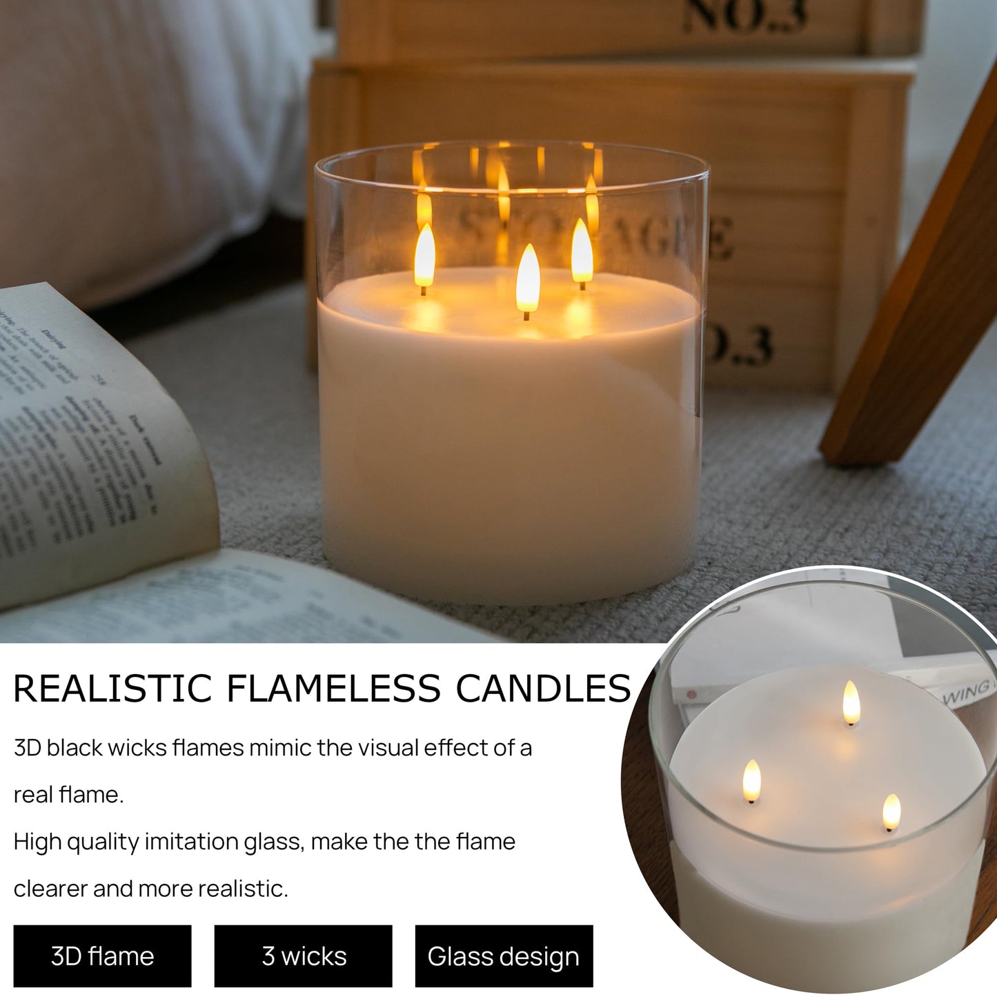 AFINETH Extra Large Flameless Candles with 3 Wicks, 6"x6" Glass Battery Operated Candles with Remote, Real Wax Flickering LED Candles Fake Candle for Home, Wedding, Party, Clear