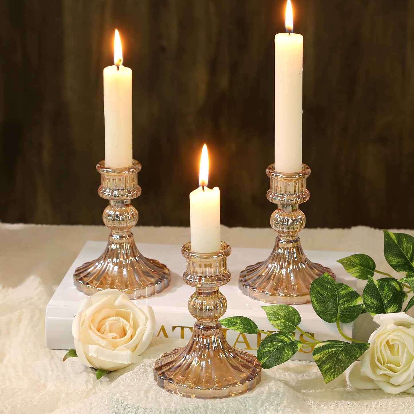 6 Pcs Golden Glass Taper Candle Holders – 4" Ribbed Candlestick Holders for Standard Candles | Elegant Centerpiece for Wedding, Party, Holiday & Home Decor