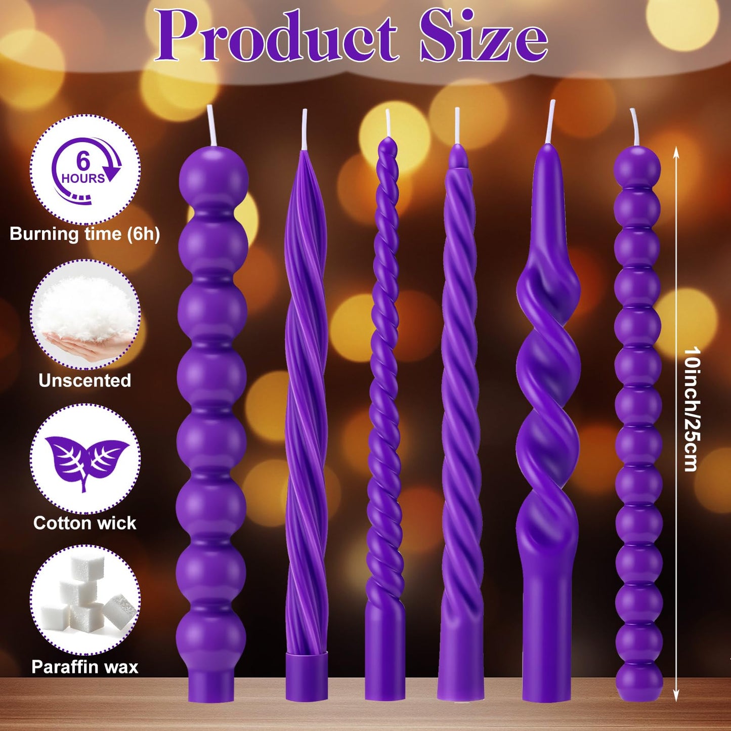 Conelist 10 Inch Purple Twisted Taper Candles Set of 6, Tall Smokeless Twisted Candlesticks for Wedding Holiday Birthday Home Party Decorations