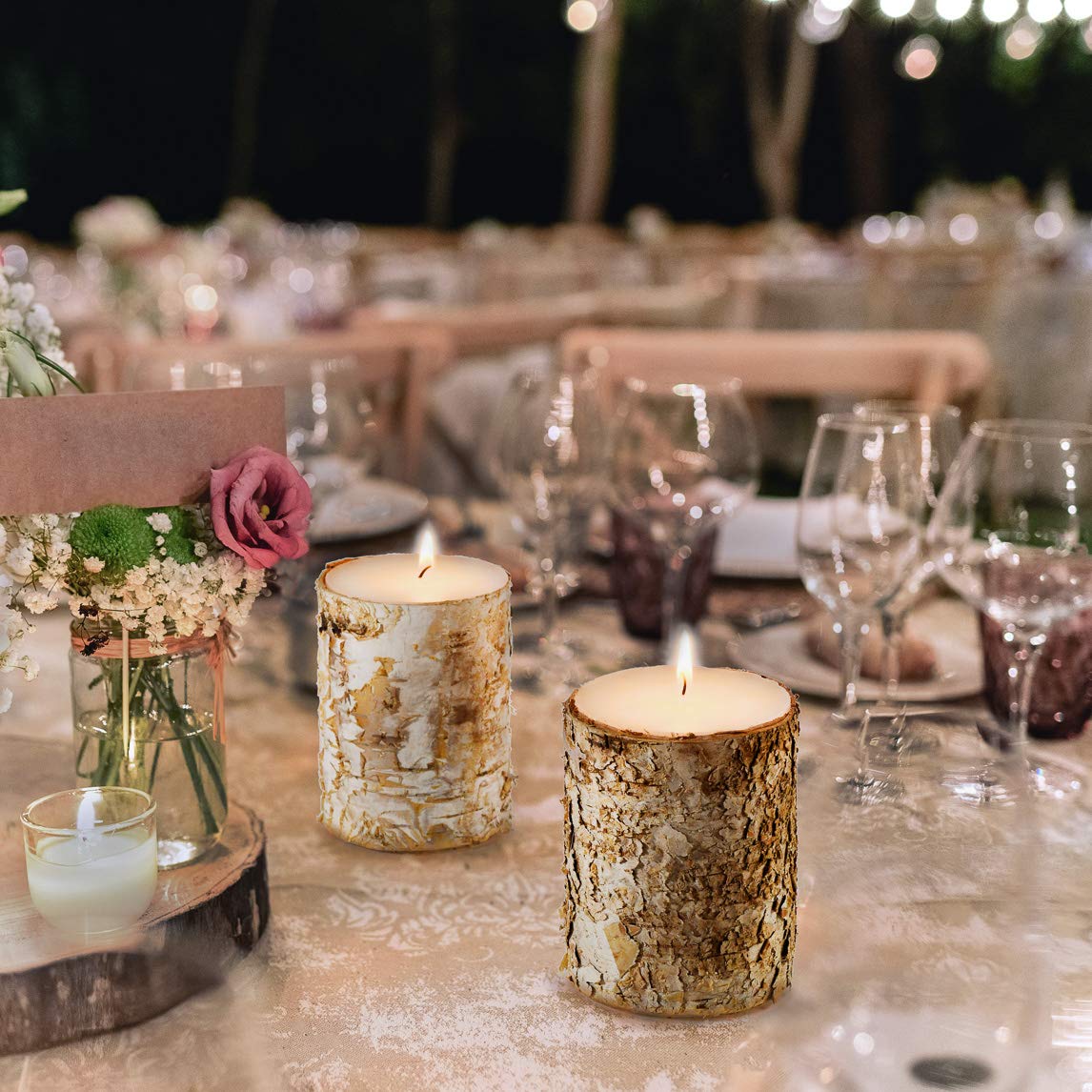 Serene Spaces Living Birch Bark Unscented Pillar Candles, Rustic Decorative Candles for Weddings, Events, Restaurants, Parties & Natural Home Decor, 3" Diameter x 4" Tall, Pack of 3