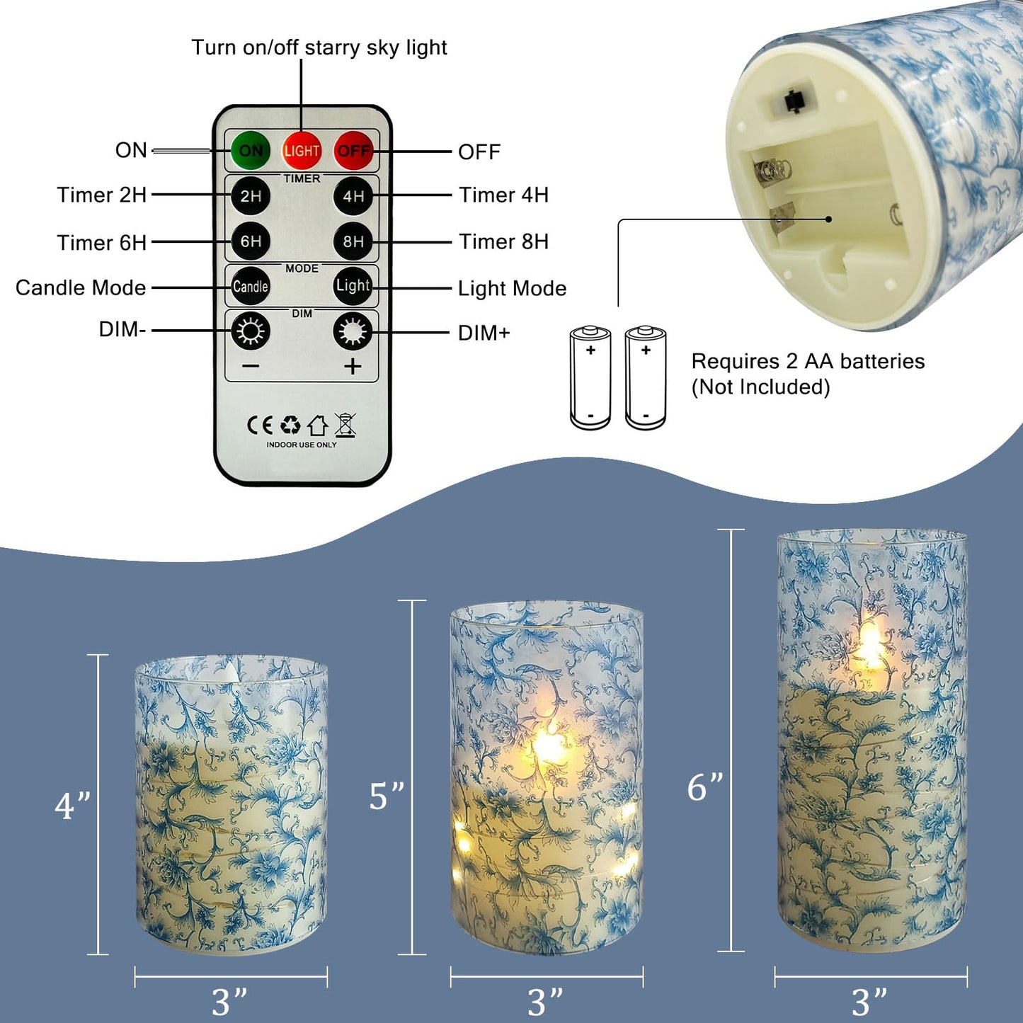 NjaoHoo Flickering Flameless Candles, Recessed String Light LED Candles 3D Wick Acrylic Battery Operated LED Pillar Candles with Remote and Timer for Modern Simple Home Decor Set of 3(Blue Twig)