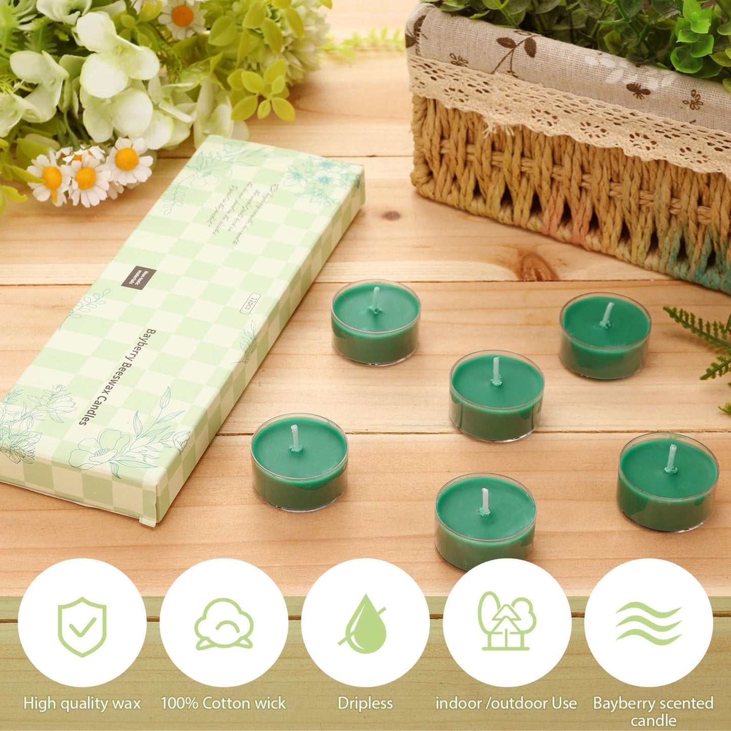 Nuanchu 12 Pcs Bayberry Scented Candle Christmas Green Votive Tealight Beeswax Blend Tealight Wax Green Bayberry Scented Wax Gift Box for Christmas Holiday