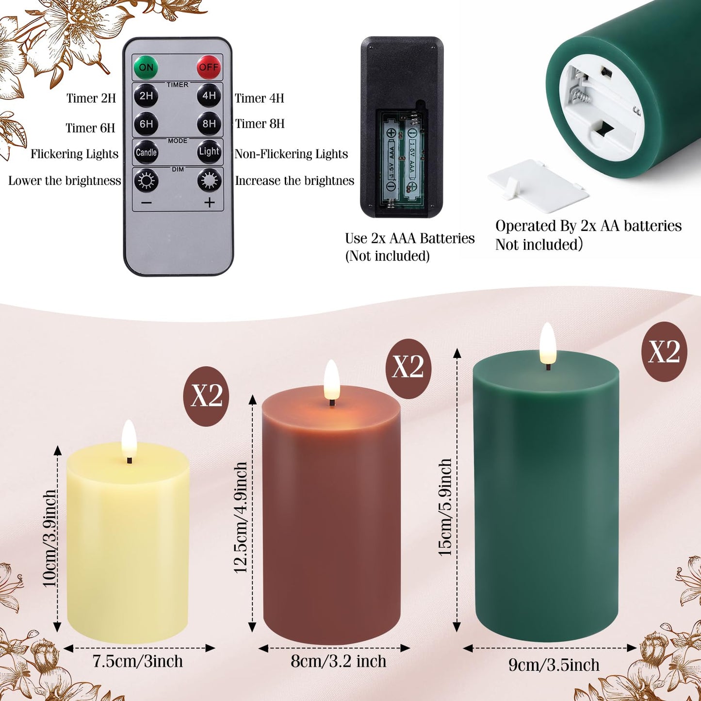 Grinsvalley 6 Pcs Flameless Candles Battery Operated LED Flickering Flameless Pillar Candles with Remote Real Wax Khaki Brown Green Table Decorations for Spring Wedding Home Decor