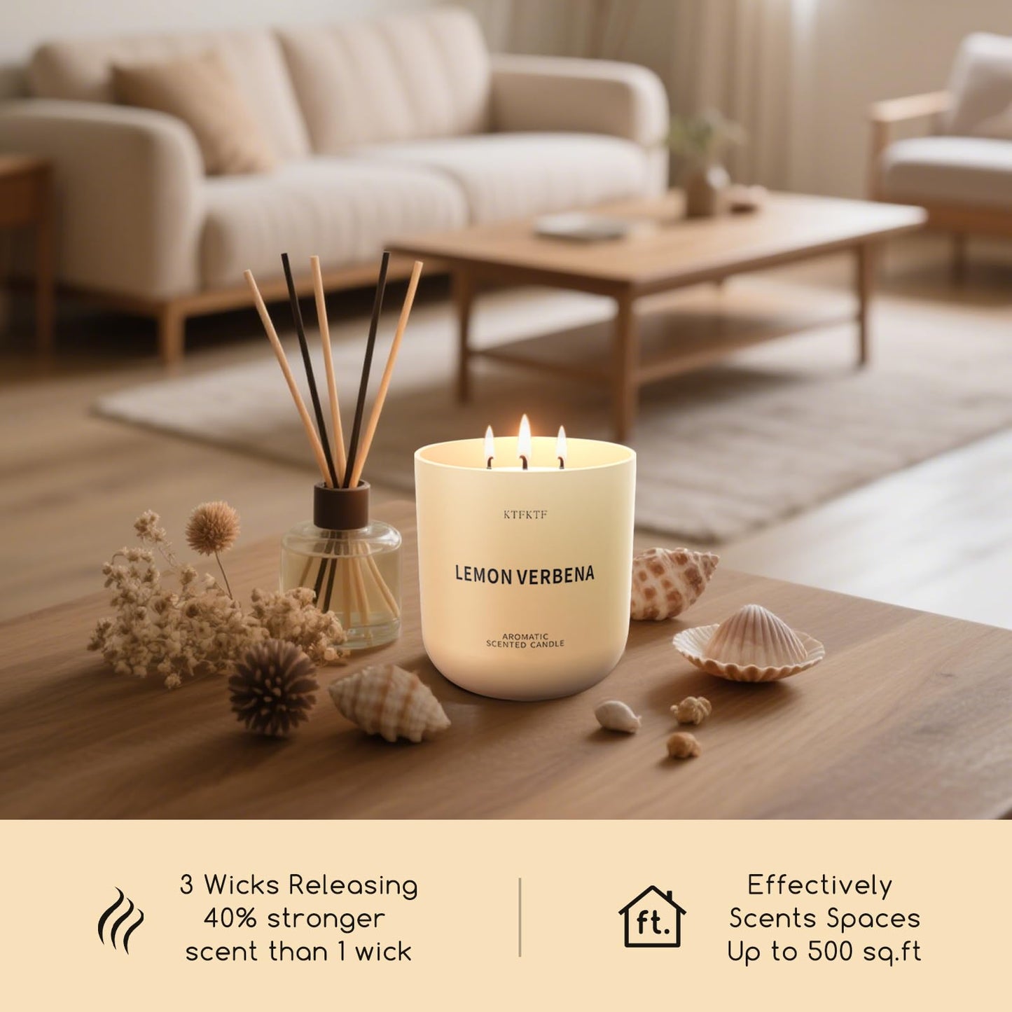 KTFKTF Lemon Verbena Scented Candle for Home, 14.2oz 80H Long Lasting Aromatherapy Candles for Energy & Focus, Non-Toxic Essential Oil & Soy Wax | Citrus & Herbal Freshness