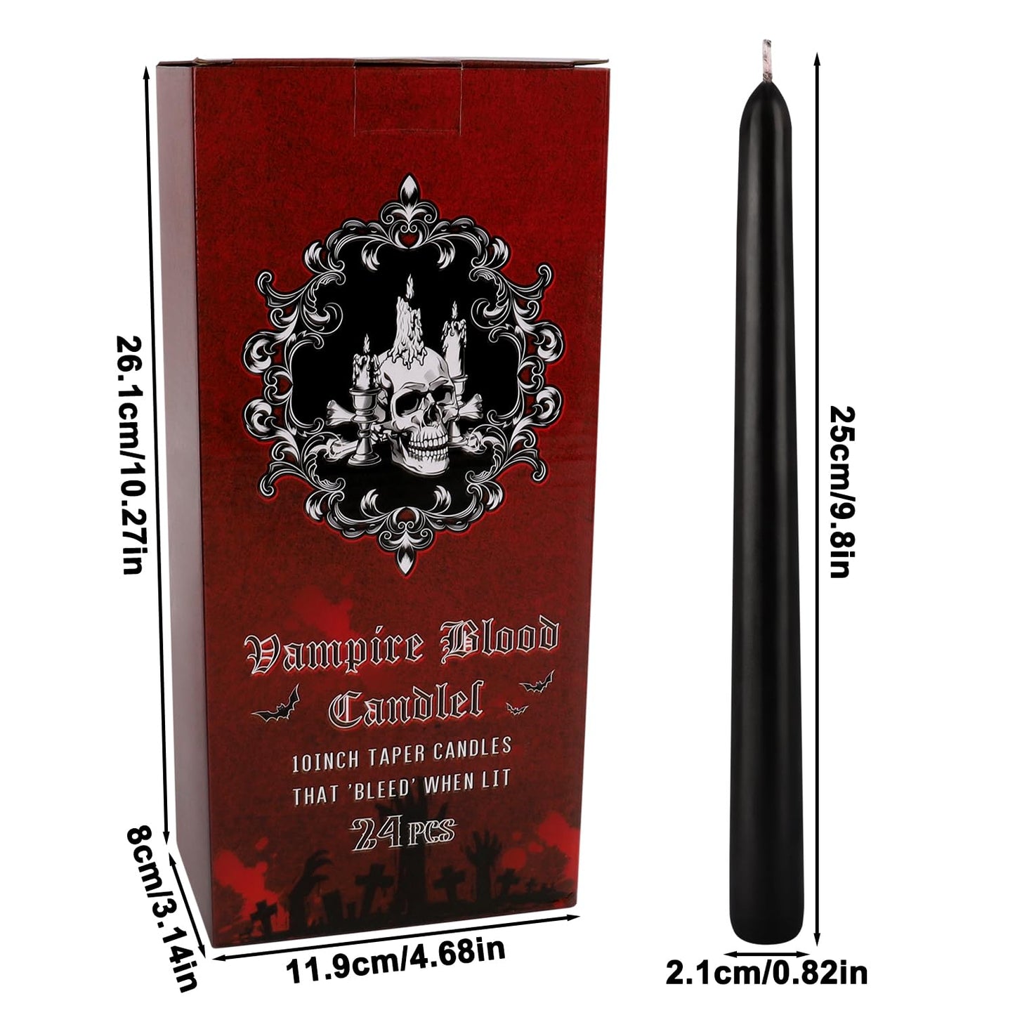 24 Pack Vampire Tears Taper Candles, 10 inch Tall Bleeding Candles, Unscented Black Tapered Candlesticks, Spooky Blood Drip Candle Set for Halloween Party Gothic Home Decorations