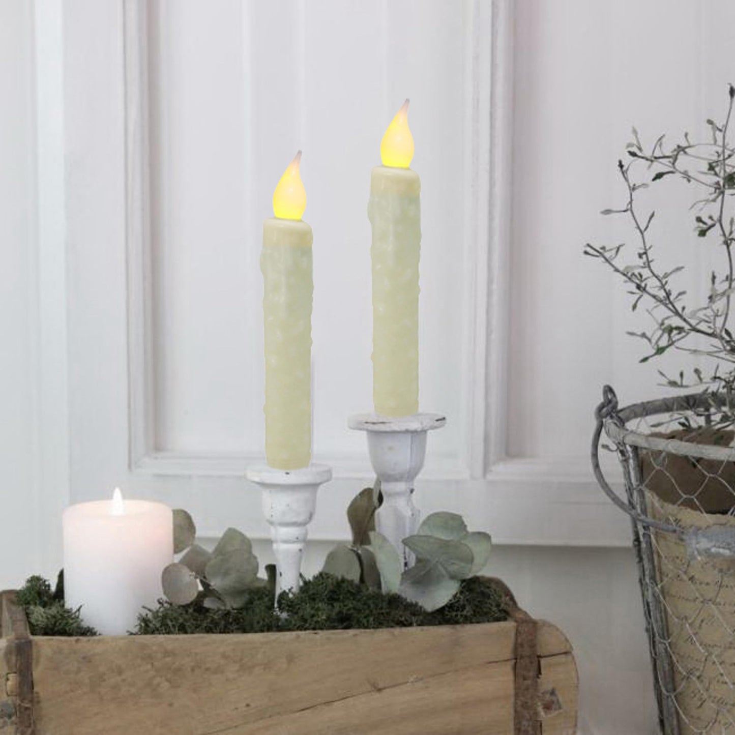 CVHOMEDECO. Real Wax Hand Dipped Battery Operated LED Timer Taper Candles Country Primitive Flameless Lights Décor, 6-3/4 Inch, Ivory, 2 PCS in a Package