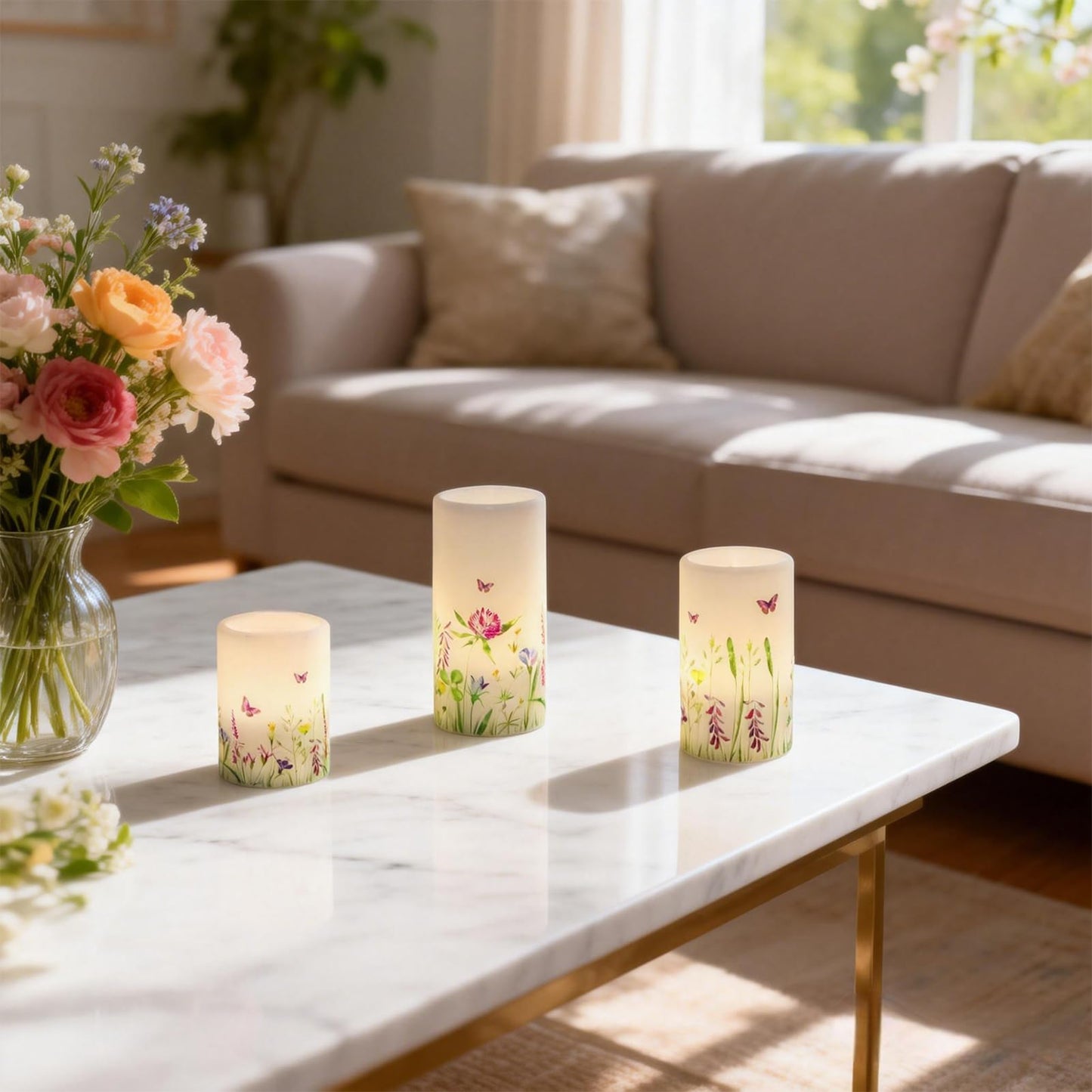 DRomance Butterfly Spring Flameless Candles with 6 Hour Timer Real Wax Battery Operated LED Flickering Pillar Candles Dinner Holiday Home Decor(3 Pack, 3" D x 4", 5", 6" H)