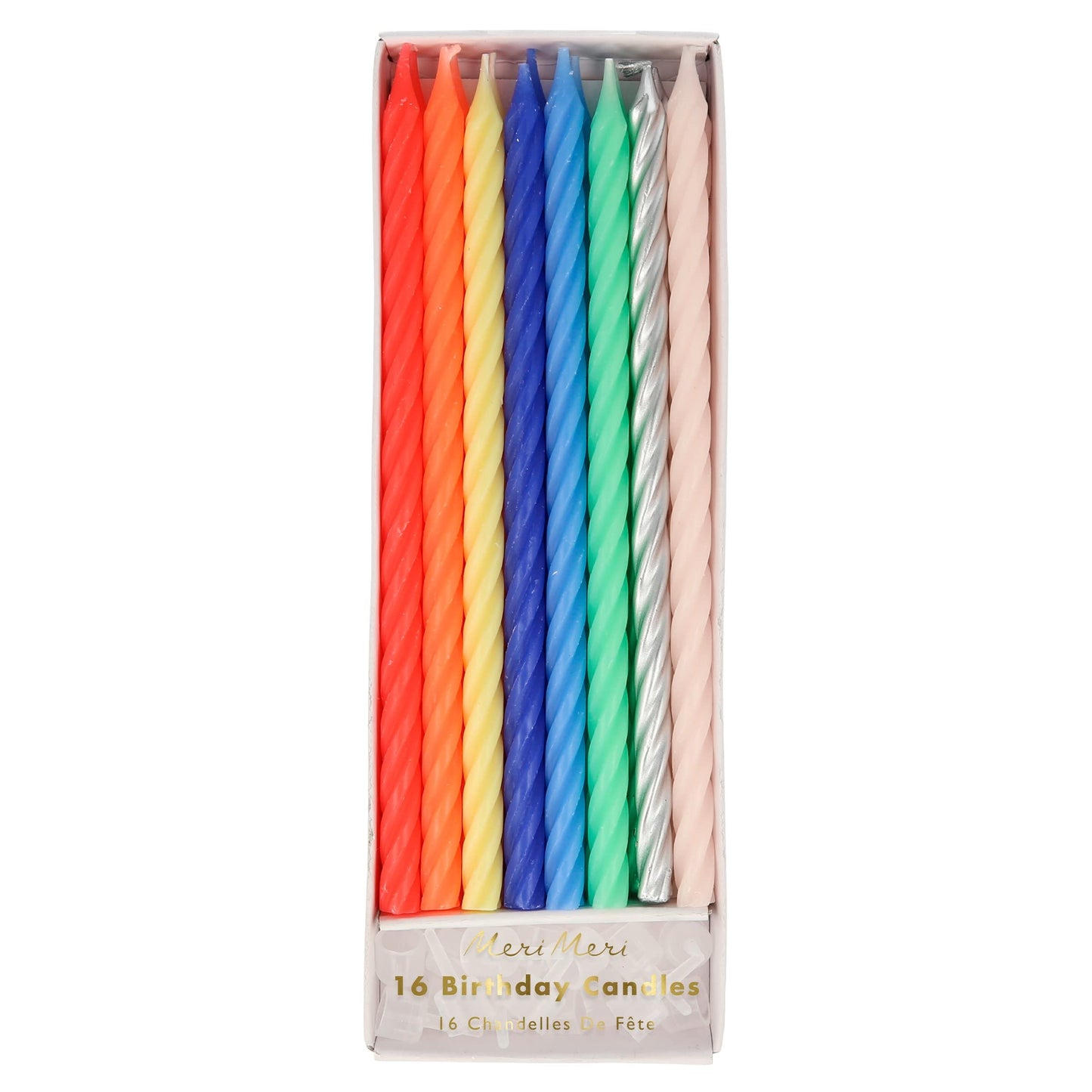 Meri Meri Twisted Long Birthday Candles for Cake (Pack of 16), 7" Tall, Unscented Meri Meri Birthday Candles