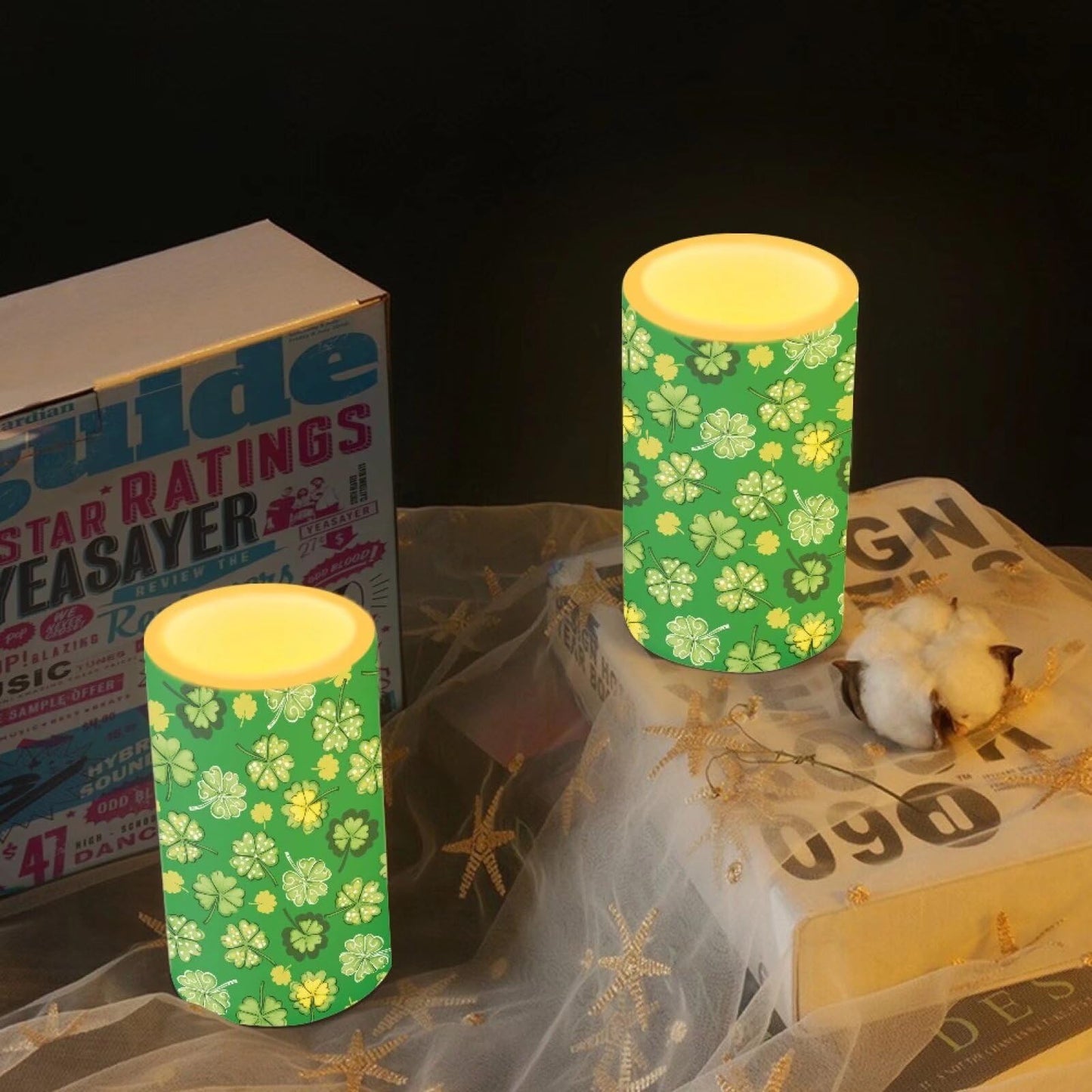 Luarisgur St Patricks Day Flameless Candles Green Leaves Candles Battery Operated with Moving Wick LED Pillar Candles 2 Pack 3 x 6 Inches for Home Decorations