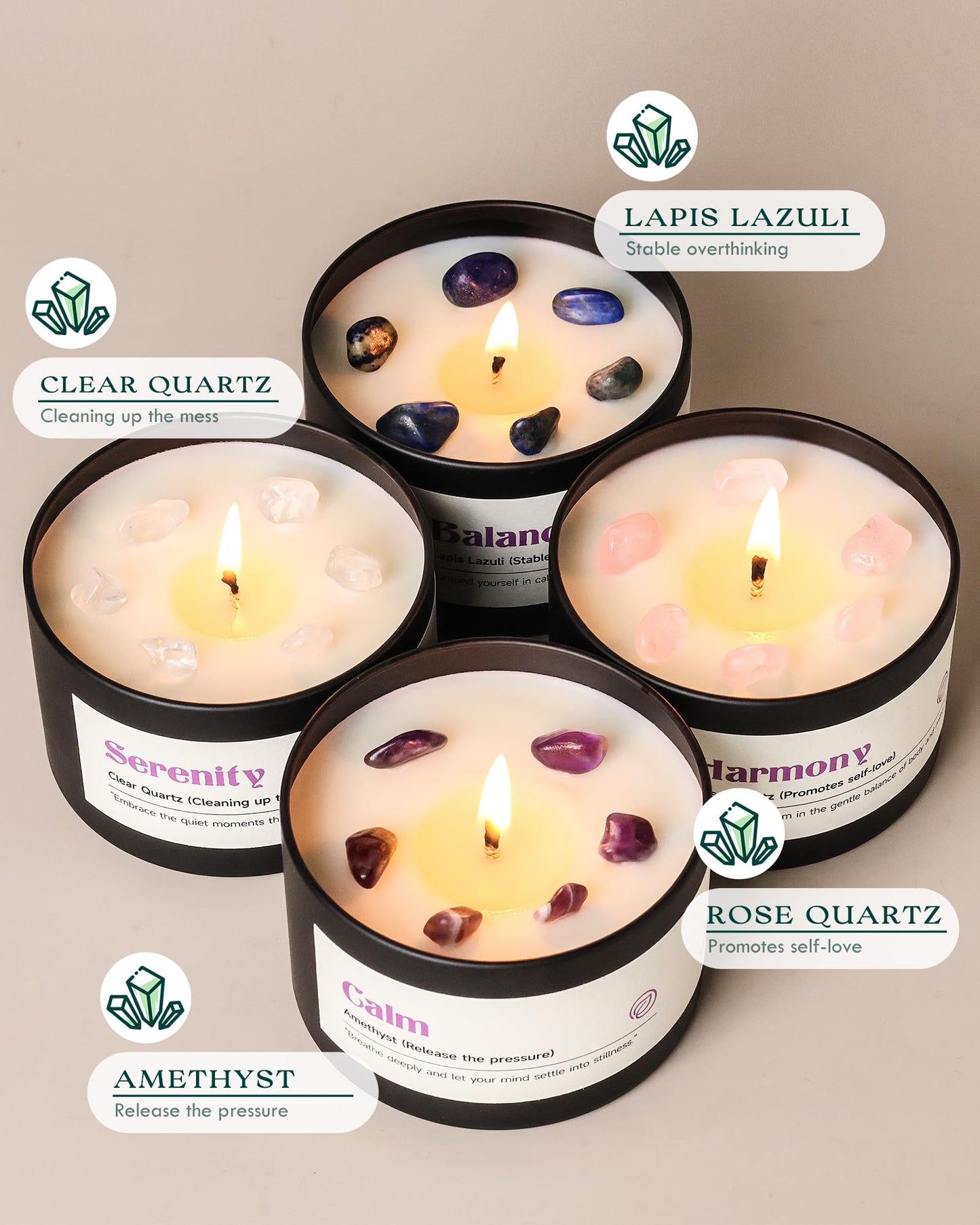 AOOVOO Crystal Soothing Candles Set for Women - 4 Pack 26 oz Soy Wax Candle for Home Scented, 200 Hour Long Lasting Candle, Calm Amethyst/Serenity Clear Quartz/Harmony Rose Quartz/Balance Lapis Lazuli