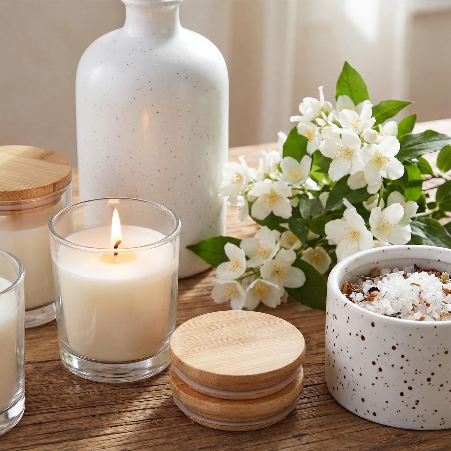 Ferrochef 12 Pcs Bamboo Lids for 7oz Candle Jars,Only Wood Cup Lids Tops for Making Candle, Glass Jars, Reusable Cover for Storage Decor Sample Container
