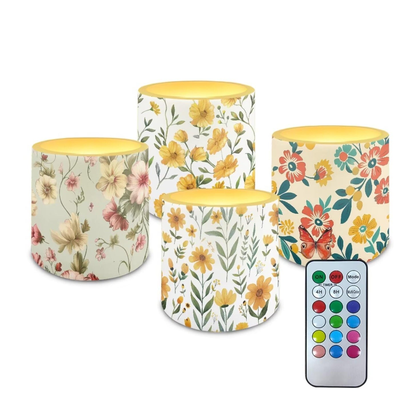 NETILGEN Yellow Floral Print Flameless LED Candles with Remote Timer Control Set of 4 Home Decorative Realistic Flickering Flameless Candles with Battery Powered