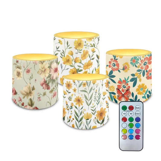NETILGEN Yellow Floral Print Flameless LED Candles with Remote Timer Control Set of 4 Home Decorative Realistic Flickering Flameless Candles with Battery Powered