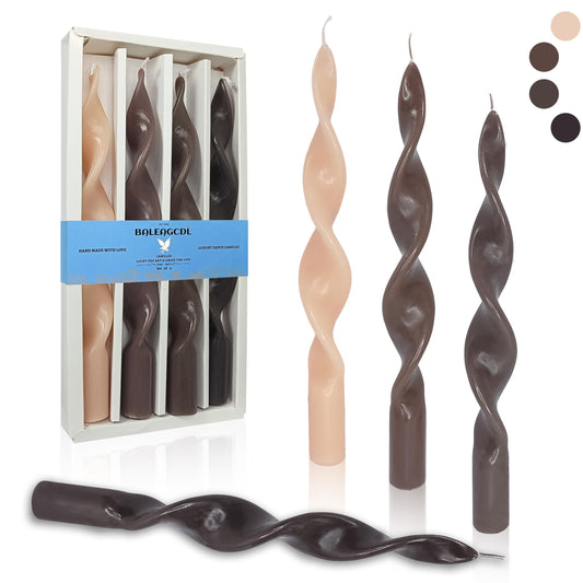 Unscented Gradient Brown Spiral Taper Candle Smokeless Twisted Candlesticks Handmade 10 Inch Long Candles for Wedding Home Decor Seasons Gifts 4 Pcs