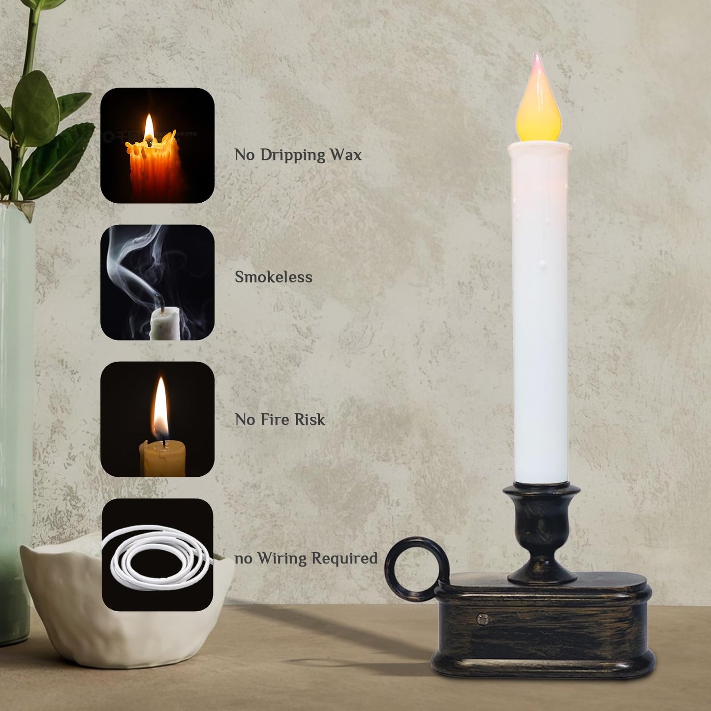 ZAXIFLY Set of 4 Battery-Powered Christmas Window Candles,9 Inch LED Flameless Taper Lights with Dusk to Dawn Sensor, Antique Bronze Base,for Holiday Decor