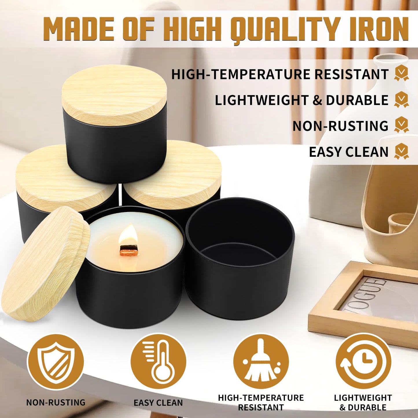 YJHSS 12-Pack Candle Jars, 8oz Candle Tins with Metal Wood-Grain Printing Lids, Empty Metal Candle Jars for Making Candles Bulk Candle Containers -Black