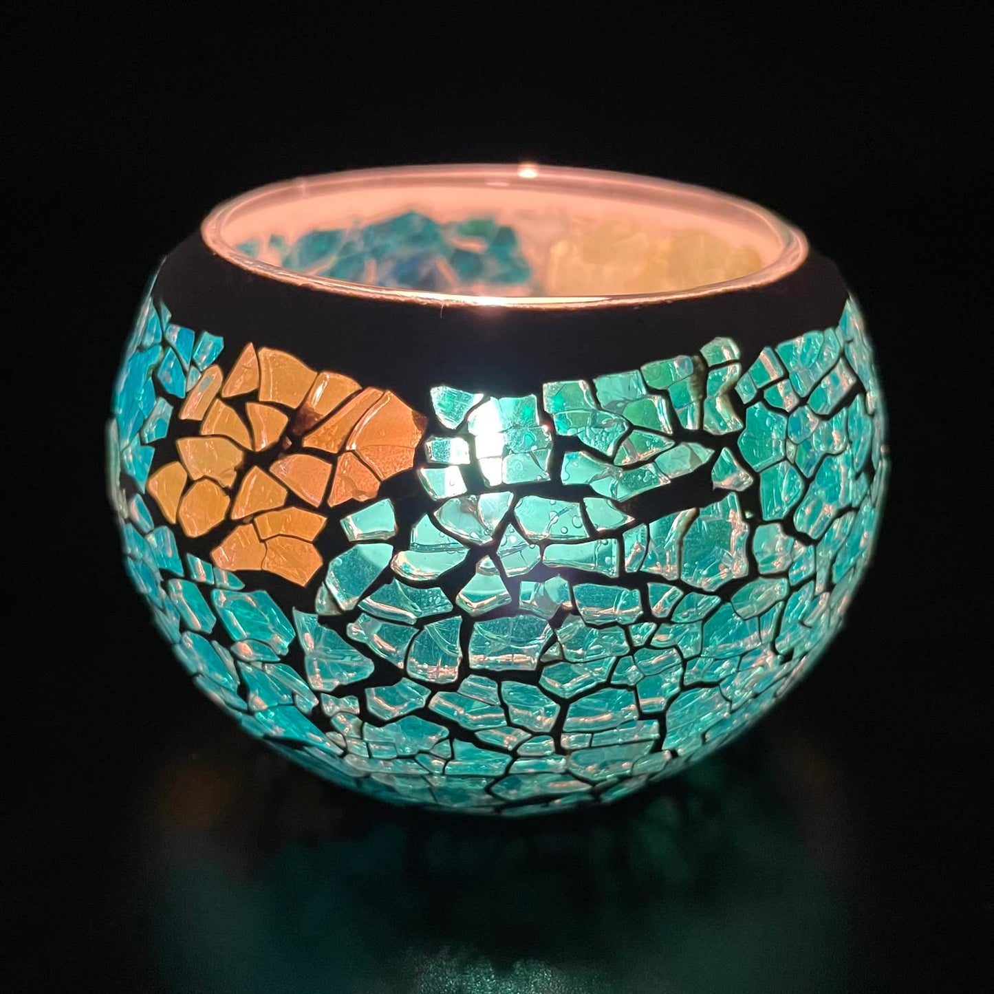 FlyEgg Romantic Mosaic Cracked Candle Holder,Candle Lamp Aromatherapy Candlescape Bowl for Valentine's Christmas Table Centerpiece,Party Decoration (Blue Yellow)