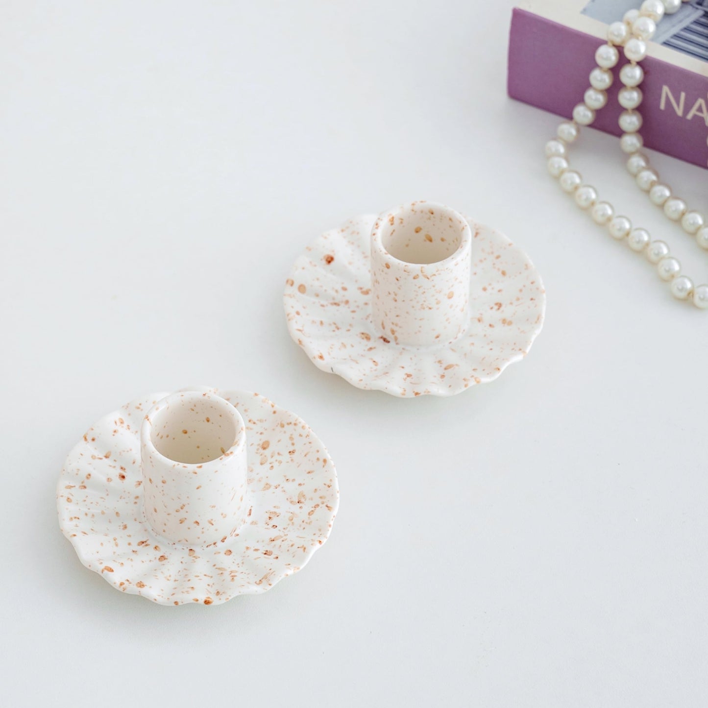 VIRFONOR Ceramic Taper Candle Holders for Table Centerpiece, Decorative Candlestick Holders for Home Wedding Party, Housewarming Gifts, Pack of 2, Round Shape, White with Brown Splatter Ink Design