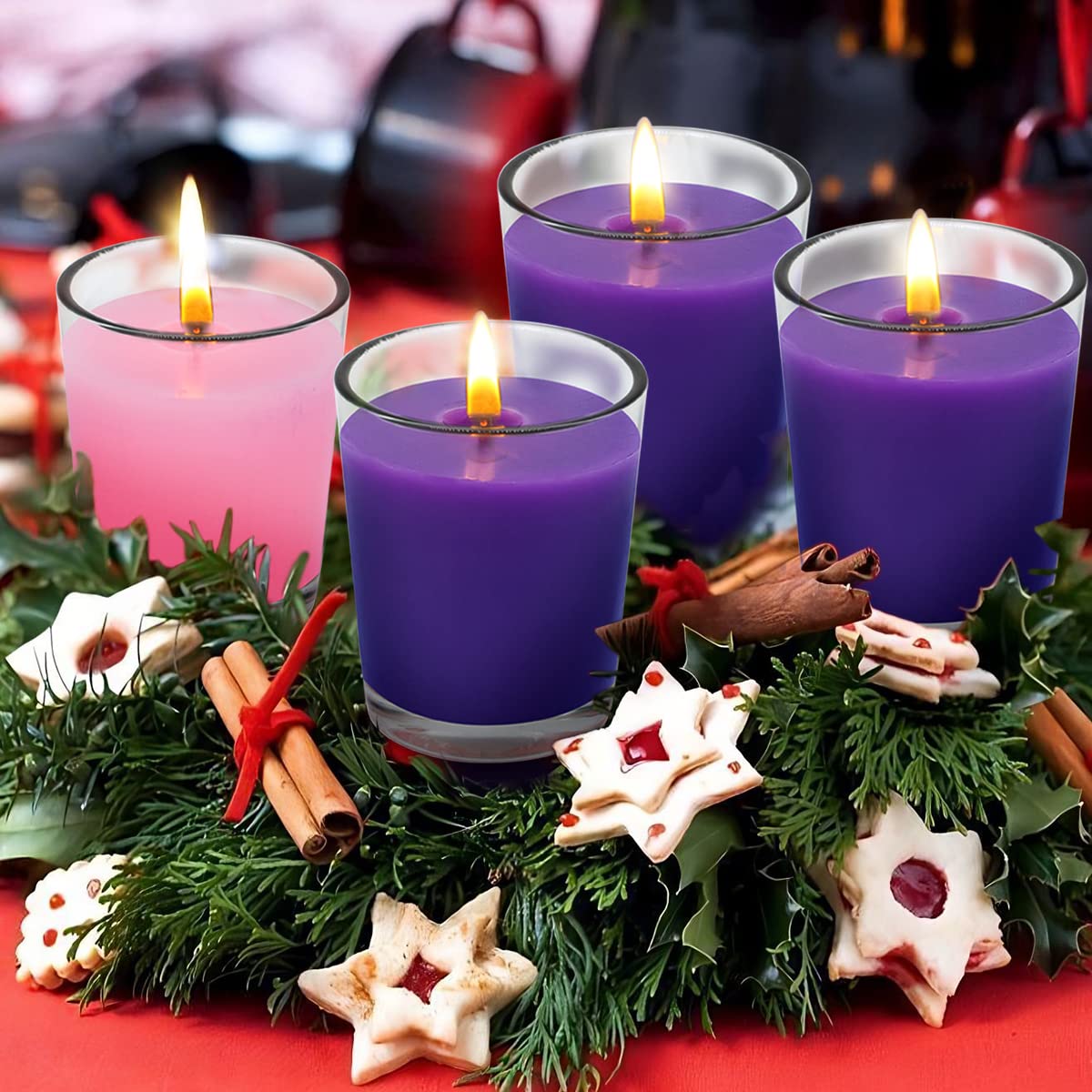 UNICY 12 Packs Advent Candles with Clear Glass Holder, 9 Purple and 3 Pink Votive Candles, Unscented Seasonal Celebration Candles for Christmas Table Decoration, 1.8oz, KFUS-12VOT-ZIFEN