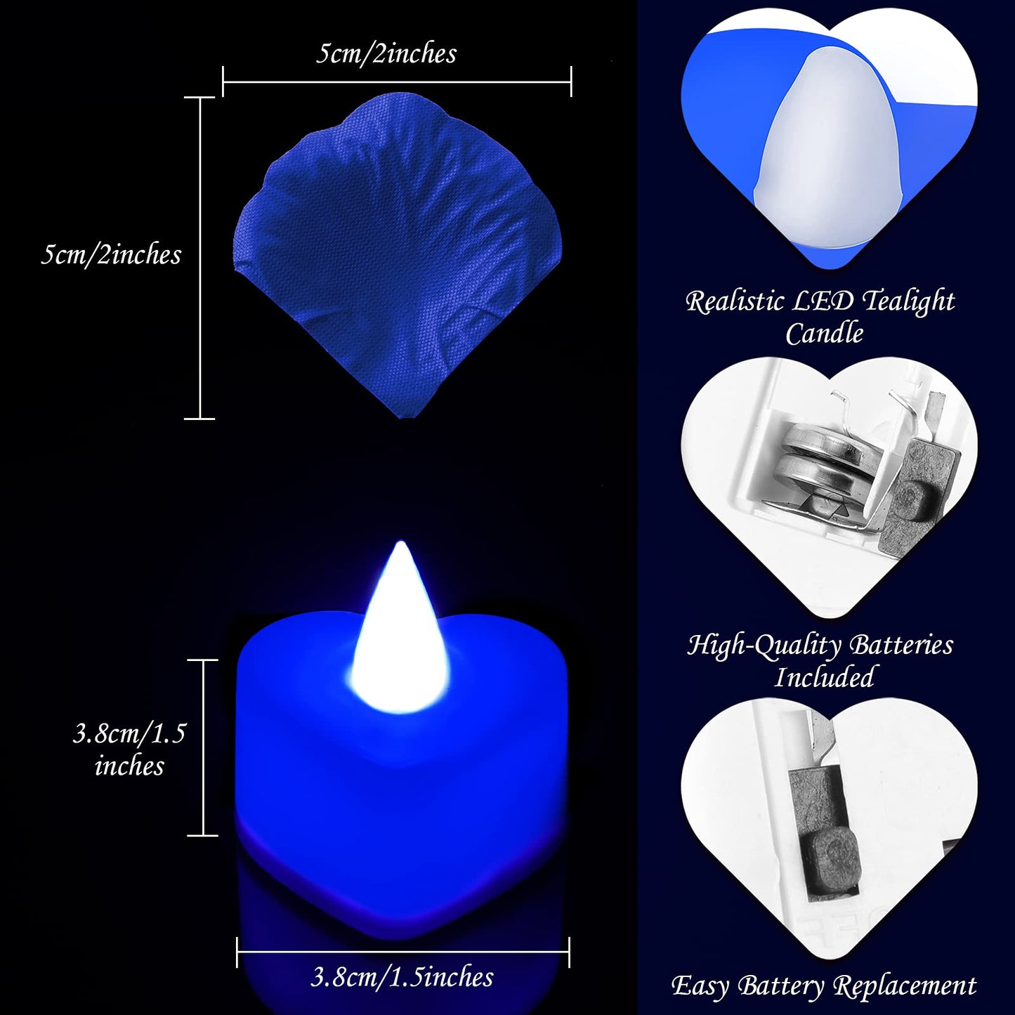 Honoson 1000 Pieces Artificial Rose Petals with 24 Pcs Flameless Heart Shaped LED Tealights Candles Special Romantic Night Decorations for Proposal Wedding Anniversary Table Decor(Blue)