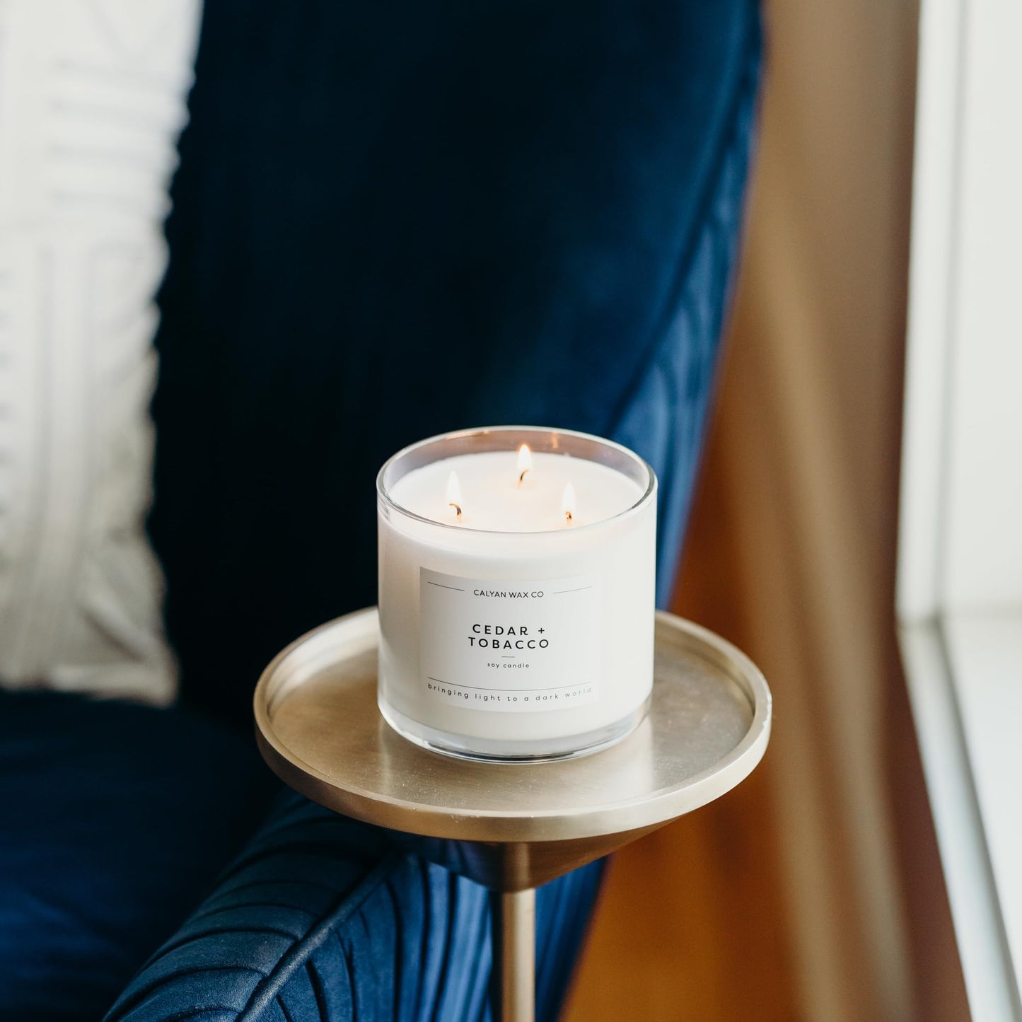 Calyan Wax Co. Cedar & Tobacco 3 Wick Scented Candle - 43 Hour Burn - Luxury 3 Wick Soy Candles - Clean Soy Wax Candles - Long Lasting Large Glass Jar Candle for Home - 14.9oz
