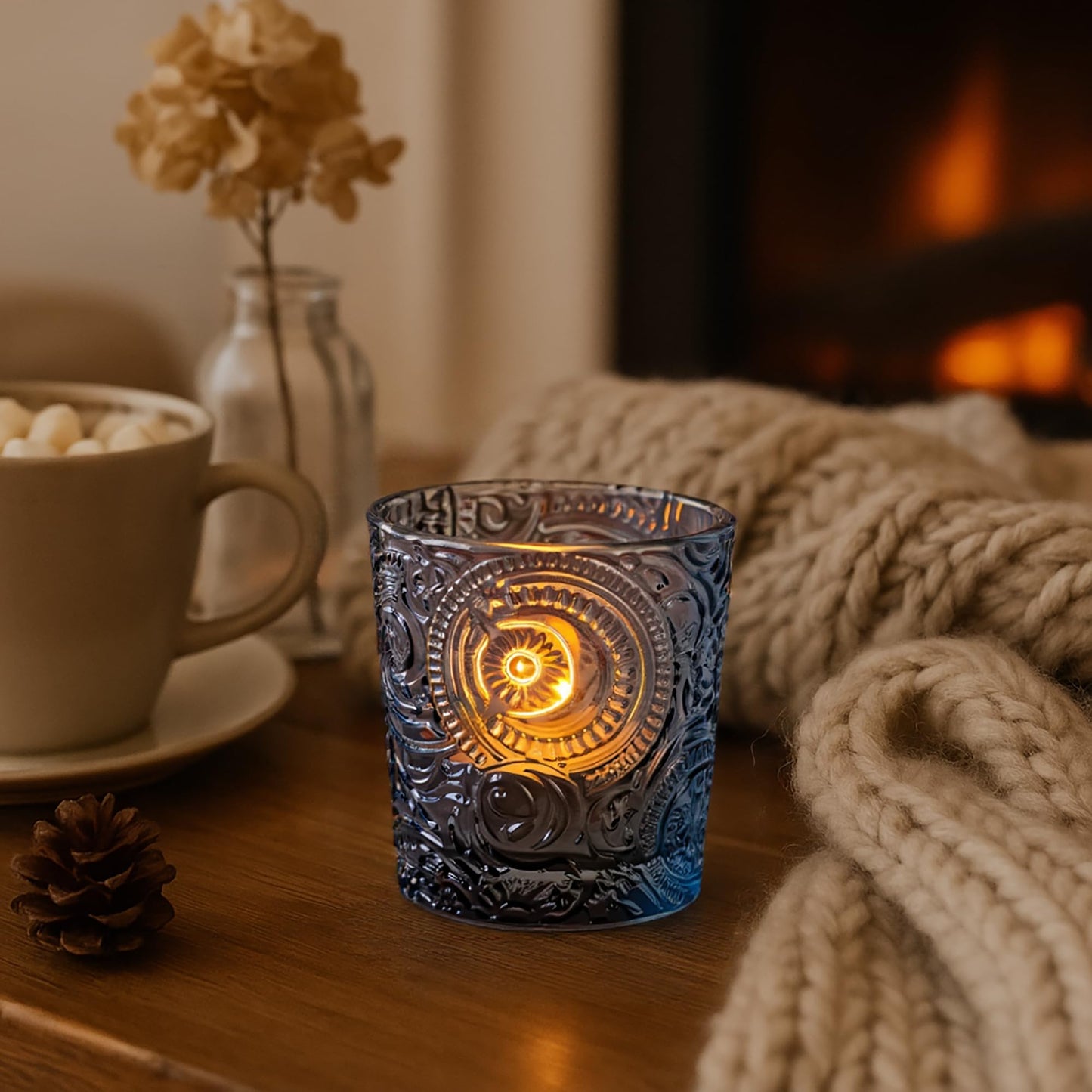 6 Pack Sun Moon Star Embossed Glass Tea Light Candle Holders - Votive Candle Holders for Wedding, Party, Home Decor, and Table Centerpieces (Gray)