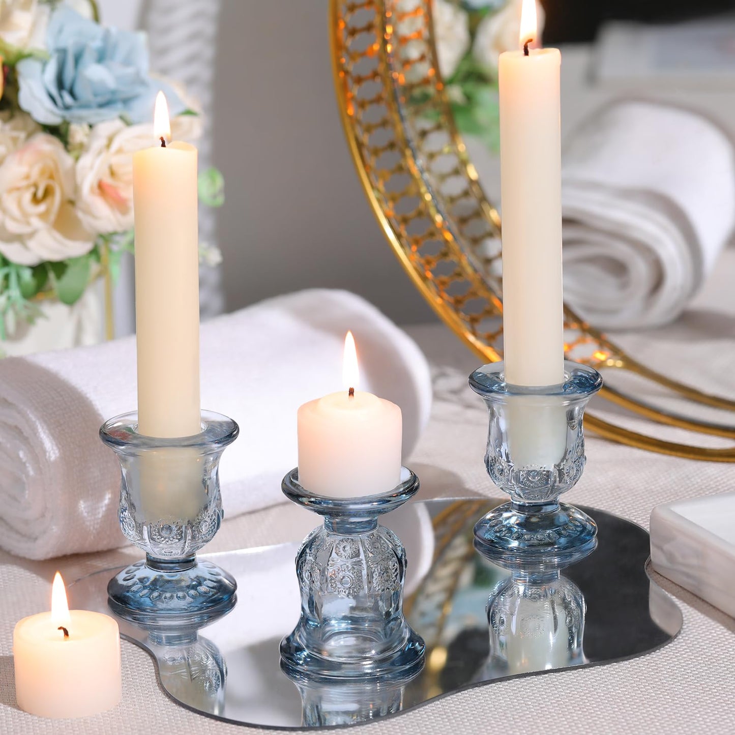 sunnyfuture 10pcs Blue Candlestick Holders, Glass Taper Candle Holders for Table Centerpiece Decor, Wedding, Birthday, Gift