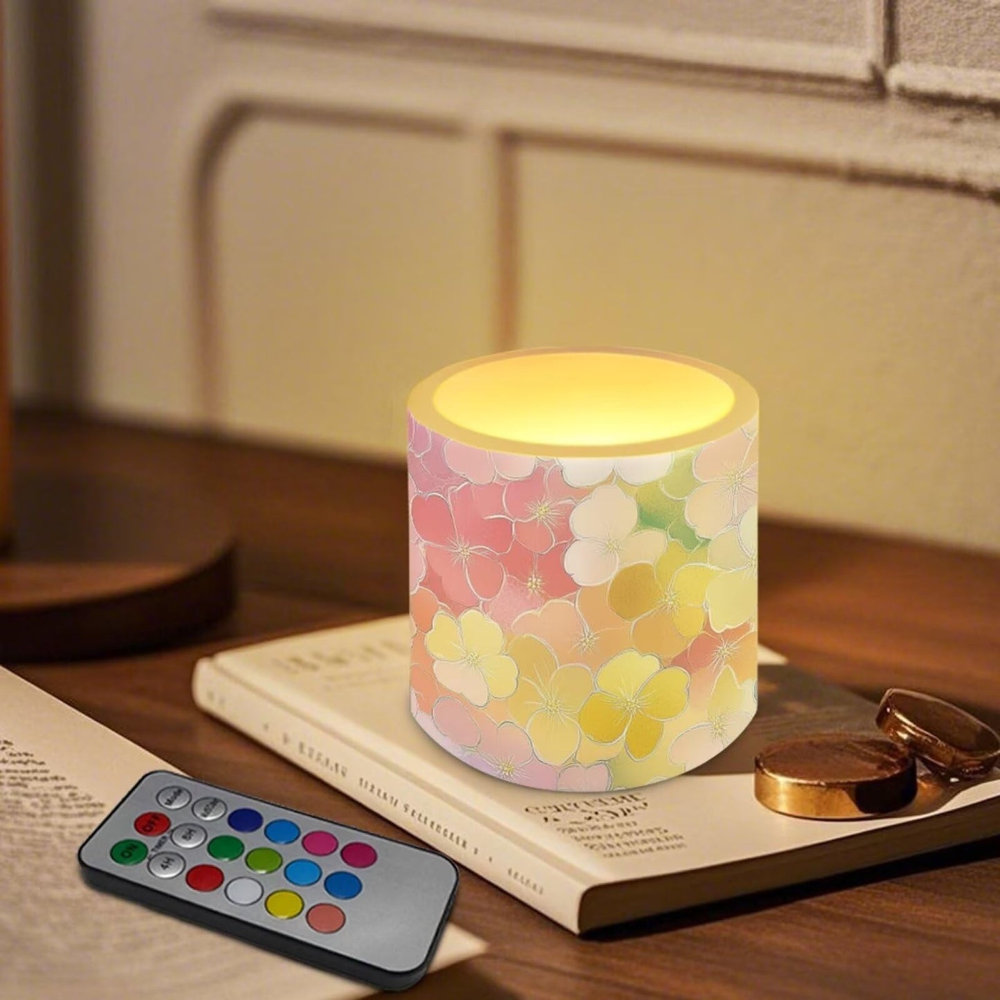 Cozeyat Colorful Floral Flameless Candles 4 Pack Battery Operated with Remote Control Timer LED Pillar Candles Waterproof for Home Patio Beach Garden