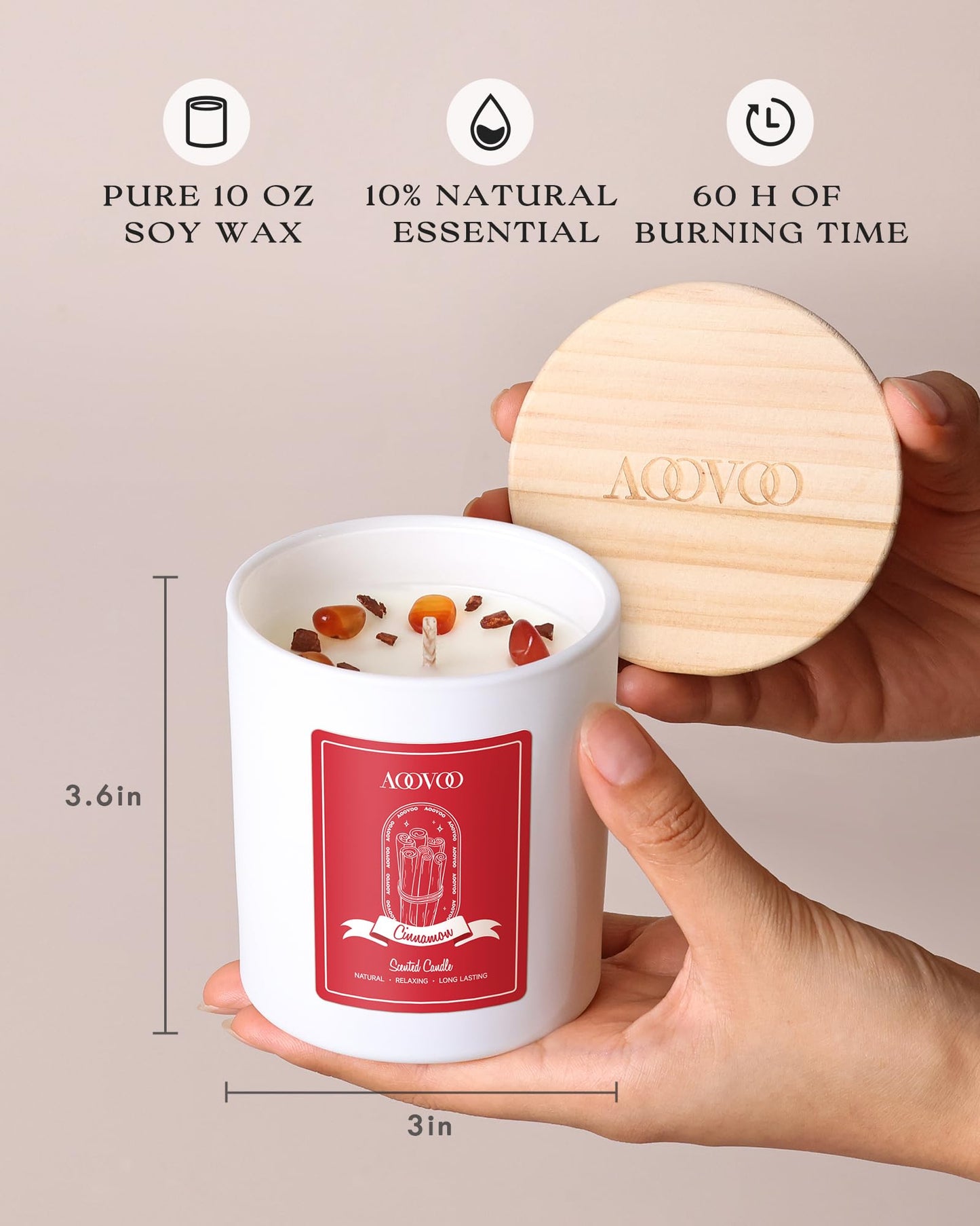 AOOVOO Cinnamon Scented Candles for Women - Aromatherapy Candle with Crystals Inside, 10oz Soy Candles for Home Scented, Birthday Gifts Valentines Day Candle for Women Mom