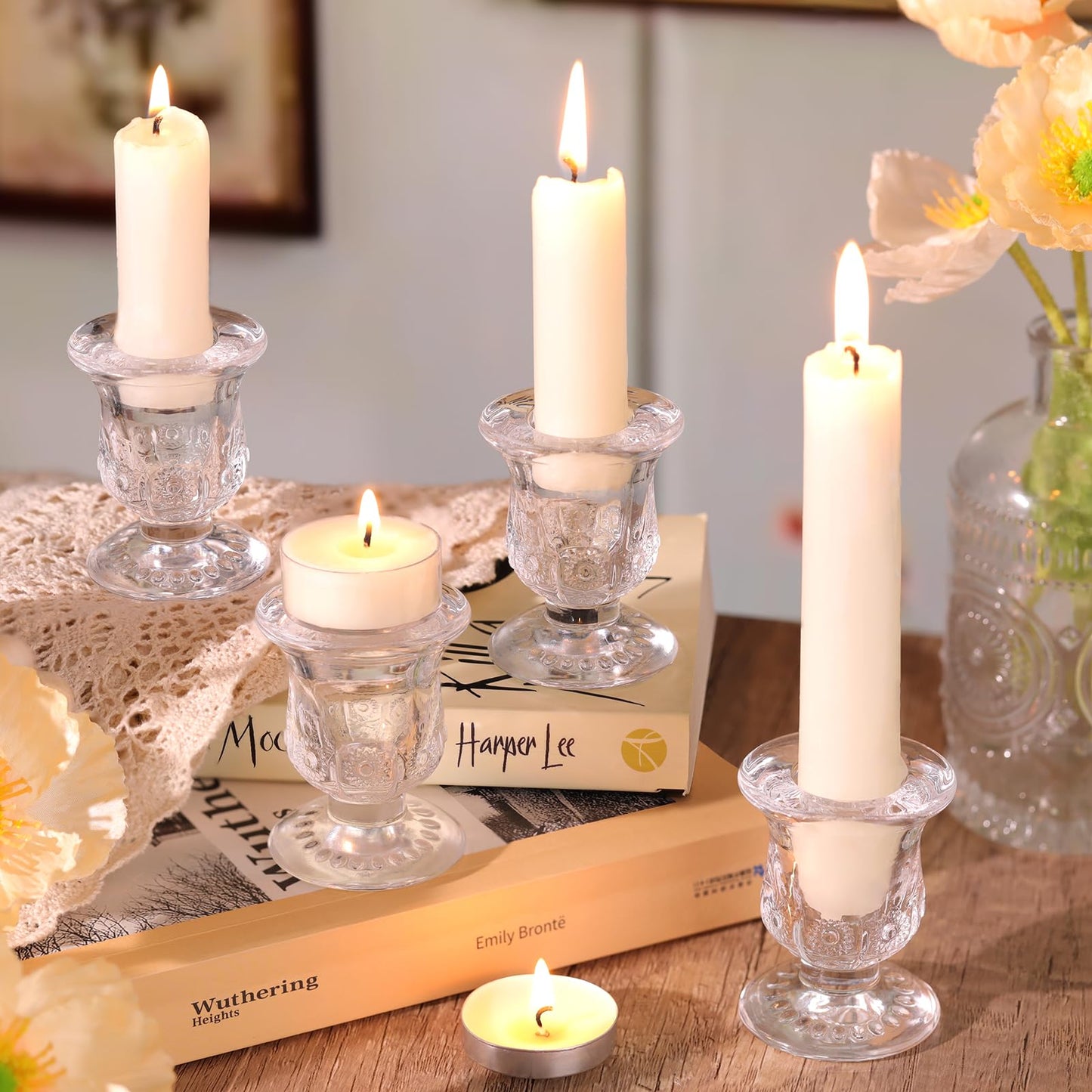 sunnyfuture 10pcs Clear Candlestick Holders, Glass Taper Candle Holders for Table Centerpiece Decor, Wedding, Birthday, Gift