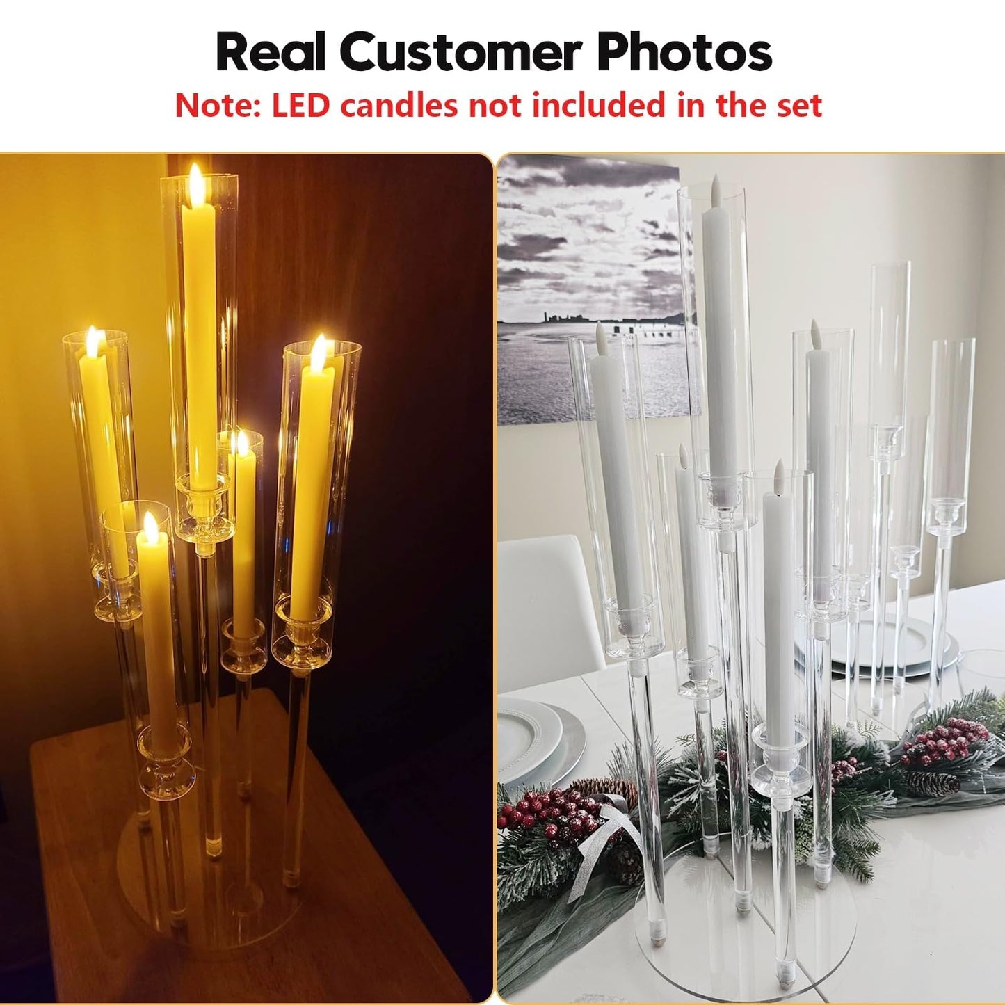 5 Arms Acrylic Candelabra Centerpieces for Tables, Clear Candle Holder for Halloween Christmas Wedding Party Decor, 27" Tall Candlestick Holders with Lampshade, Fits LED Candle(1pcs)