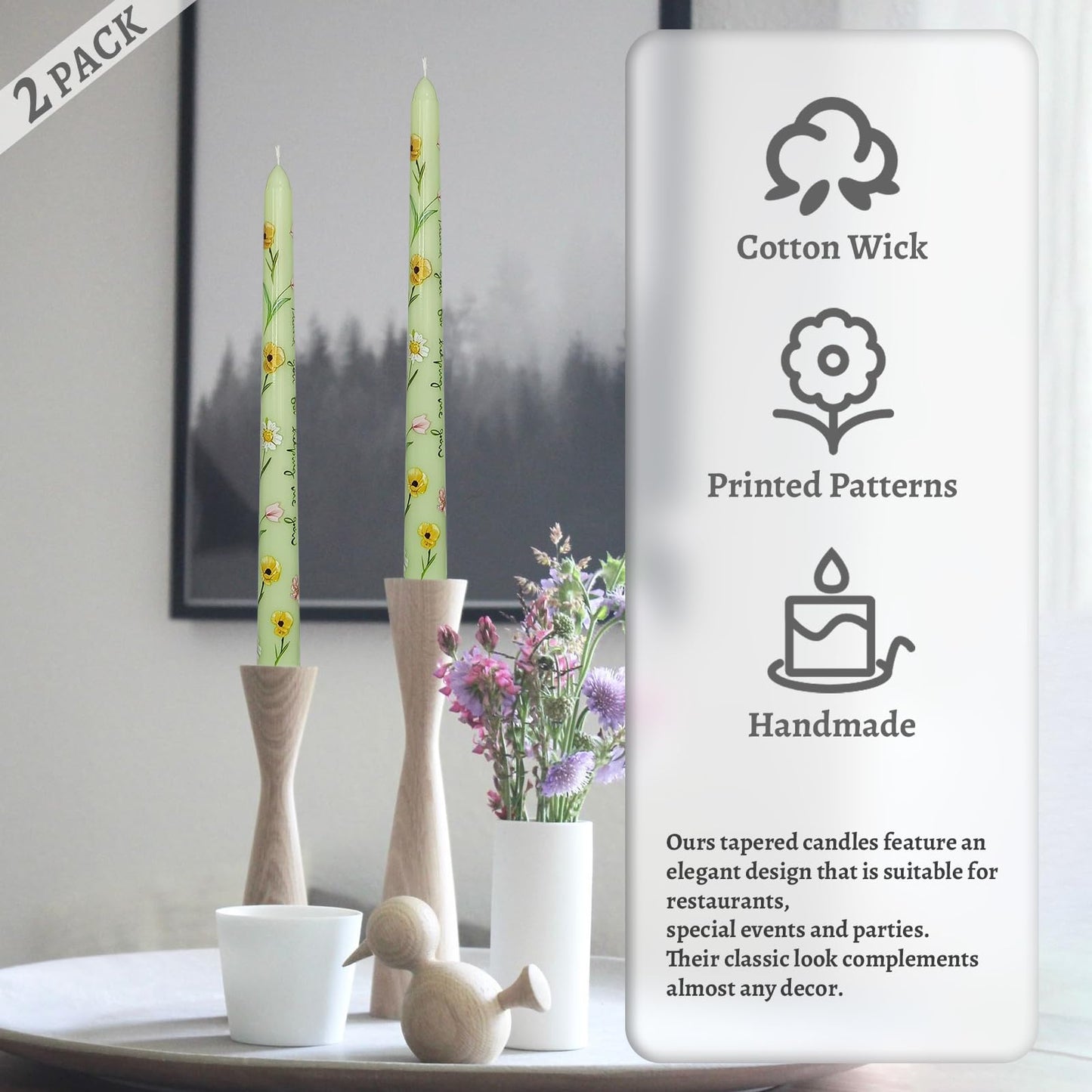 Floral Taper Candles 10 Inch Tall Unscented Handmade Light Green Corn Poppy Print Long Burning Elegant Candlesticks for Wedding Dinner Home Decor