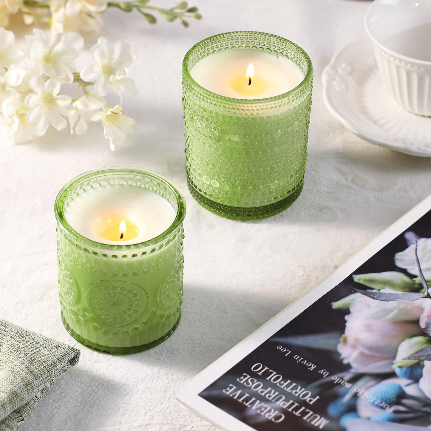 DARJEN 12 Pack Green Candle Jars for Making Candles- 3 Styles Glass Candle Making Jars Bulk with Bamboo Lids and Labels, Candle Making Supplies Candle Vessels for Home Decor