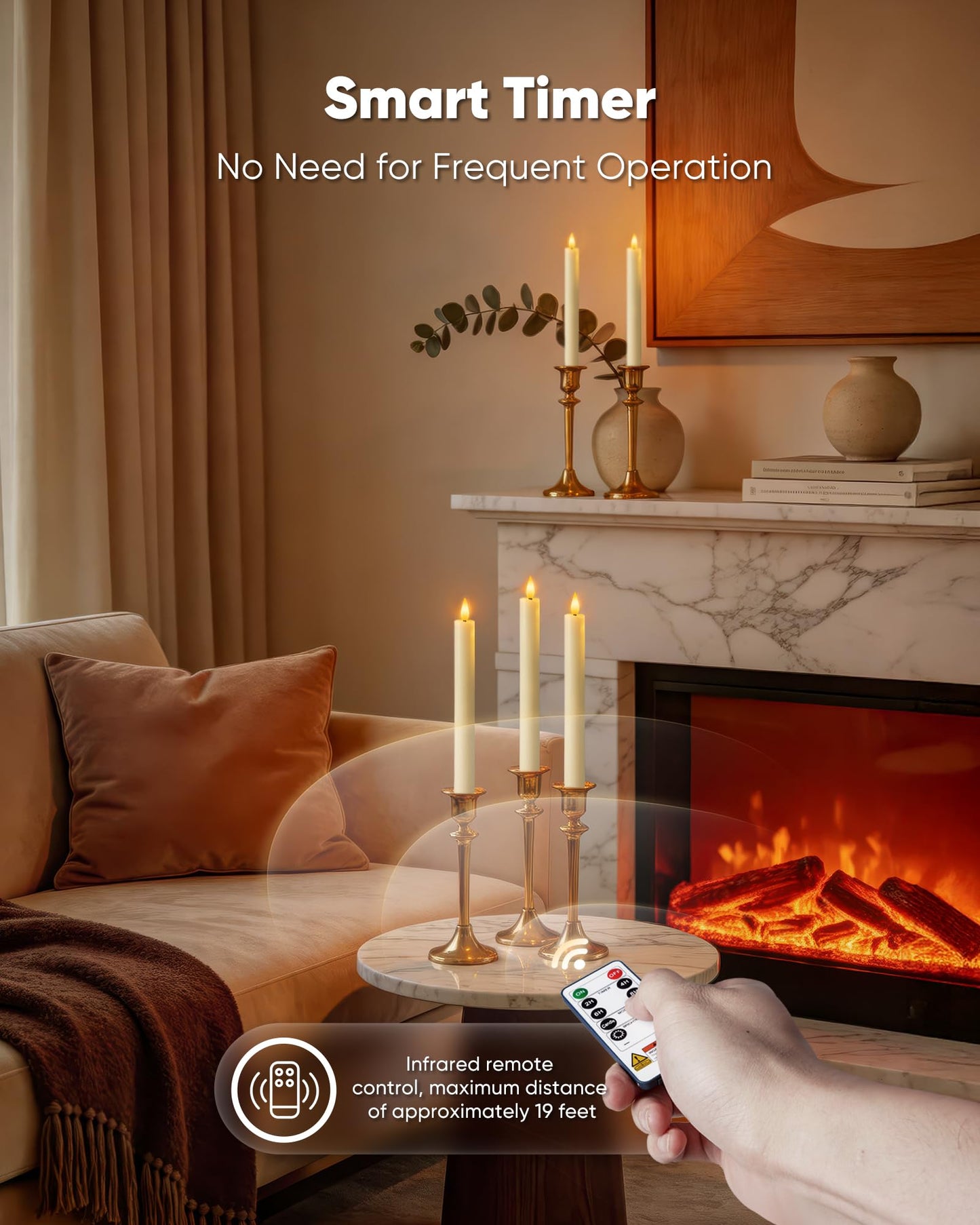 Homemory 3 Pcs Waxy Flameless Taper Candles with Remote, Flickering Battery Operated Taper Candles, Led Flameless Candlesticks Classic Tall Candle for Home, Wedding, Party, Ivory, 9.6 inches