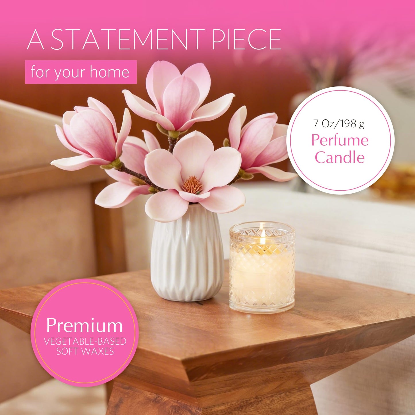 Agraria Pink Magnolia Scented Candle, 7 Oz, 40-50 Hours Flicker Time, Fresh Alluring Magnolia Home Decor, Warm Floral Luxury Candles for Home