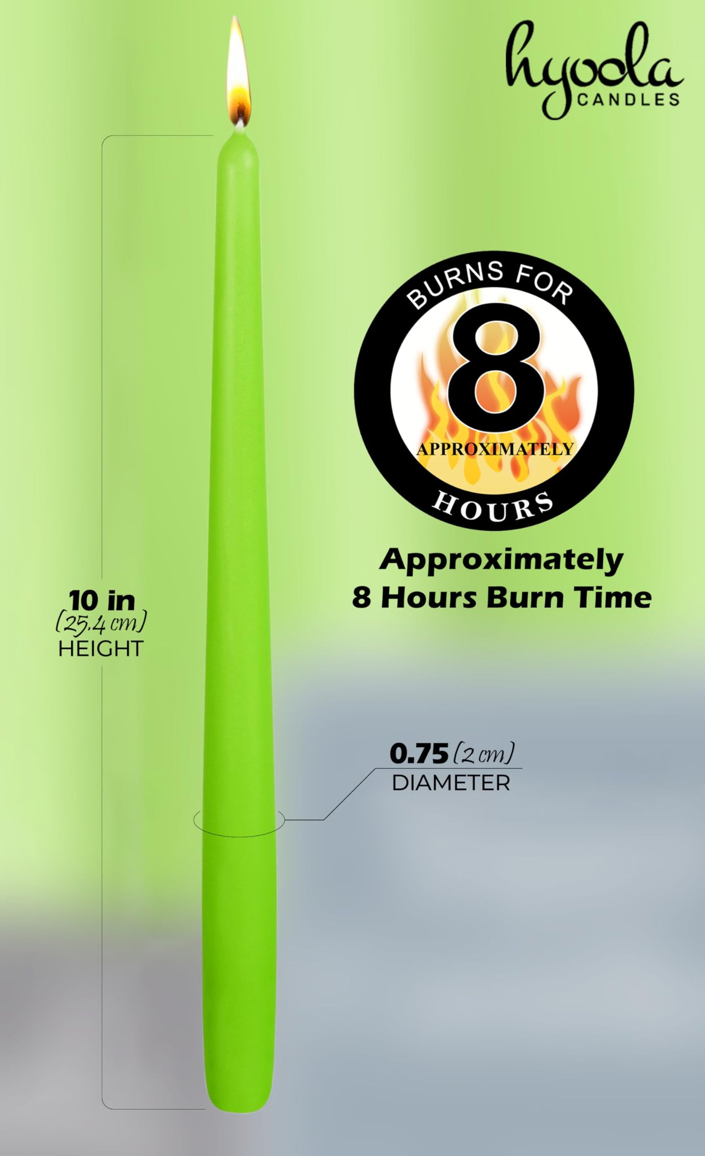 Hyoola Tall Taper Candles Bulk - 10 Inch Lime Green Unscented Dripless Taper Candles - 8 Hour Burn Time - 96 Pack