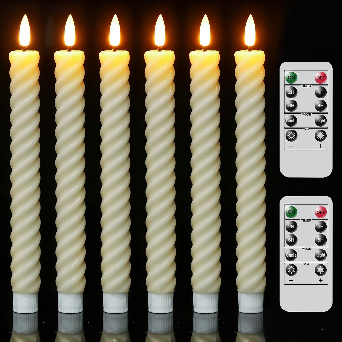 Wondise Flameless Taper Candles with Remote Timer, Real Waxy Battery Operated Flickering Spiral Candlesticks, 3D Wick LED Candles 9.6inch for Halloween Christmas Holiday Wedding Decoration (Ivory