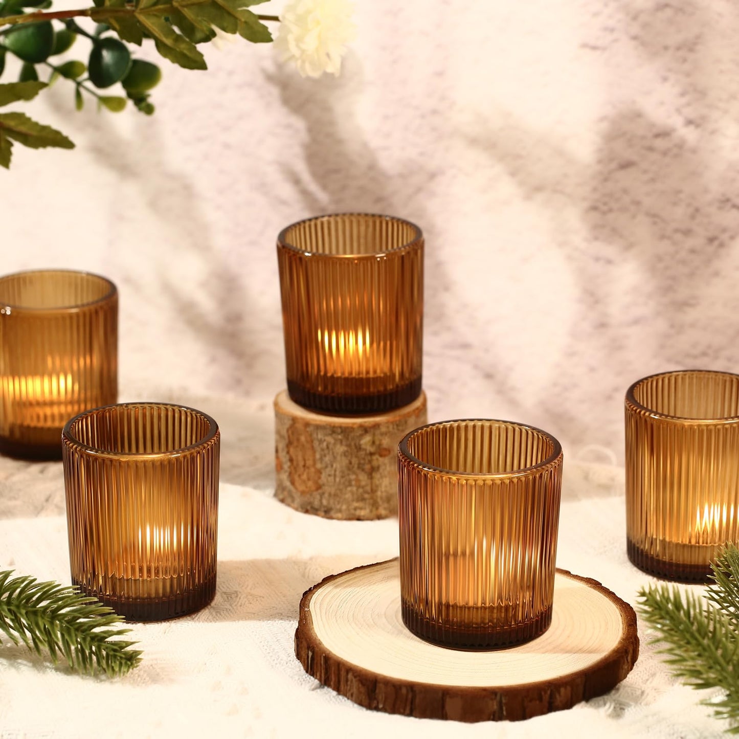 24 Pack Amber Votive Candle Holders Thanksgiving Decor, Glass Small Tea Lights Candle Holders for Table Centerpiece for Home Decor Party Fall Boho Decor(24,Amber)