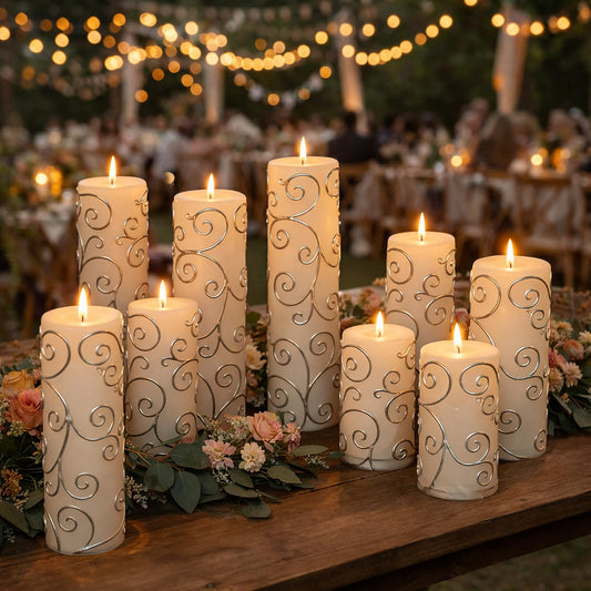 Veiuwa 12-Pack White Pillar Candles with Embossed Silver Patterns for Home Decor & Cozy Ambiance, Vintage White Candles (2x3/6/8 Inch), Dripless Smokeless Clean-Burning for Table, Mantel, Holidays